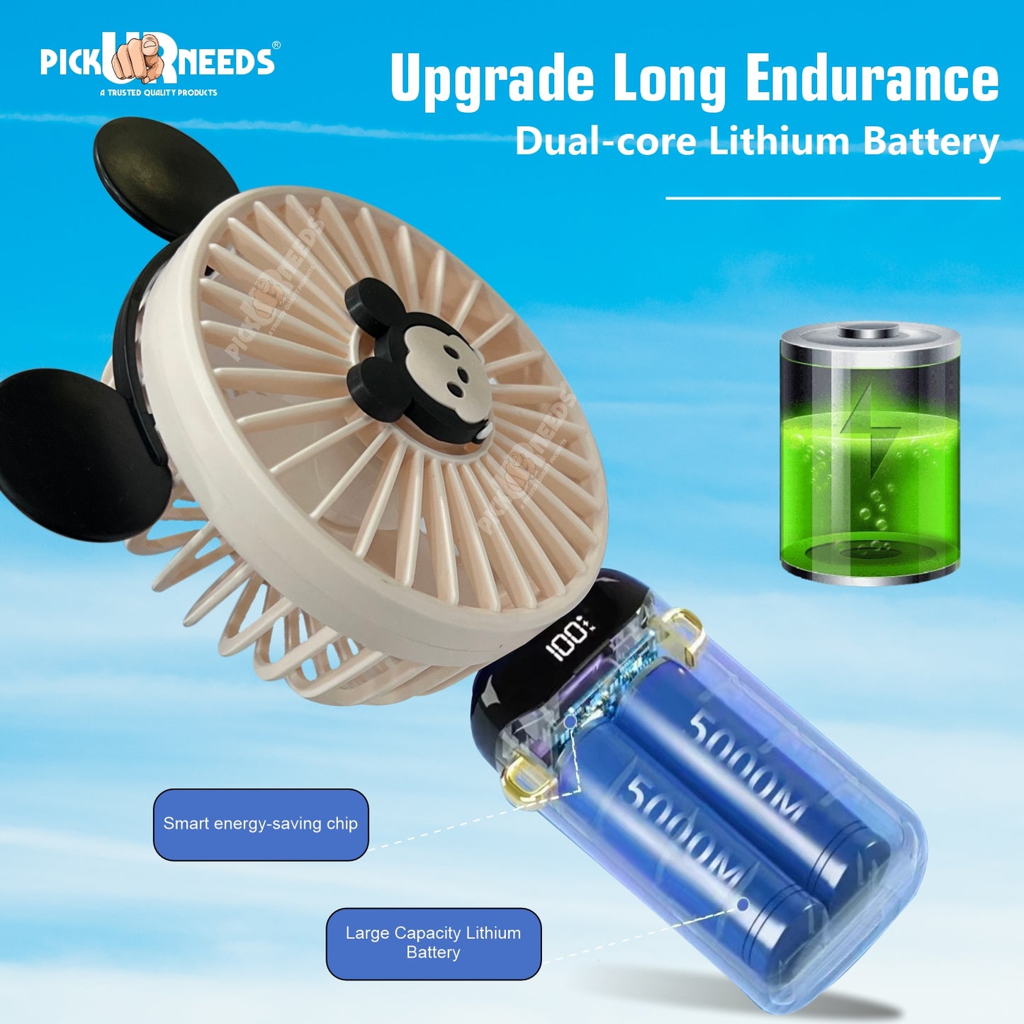 Pick Ur Needs Rechargeable Foldable Mini Handheld Fan Micky Mouse Design 5 Mode Speed LED Display Mini Portable Fan