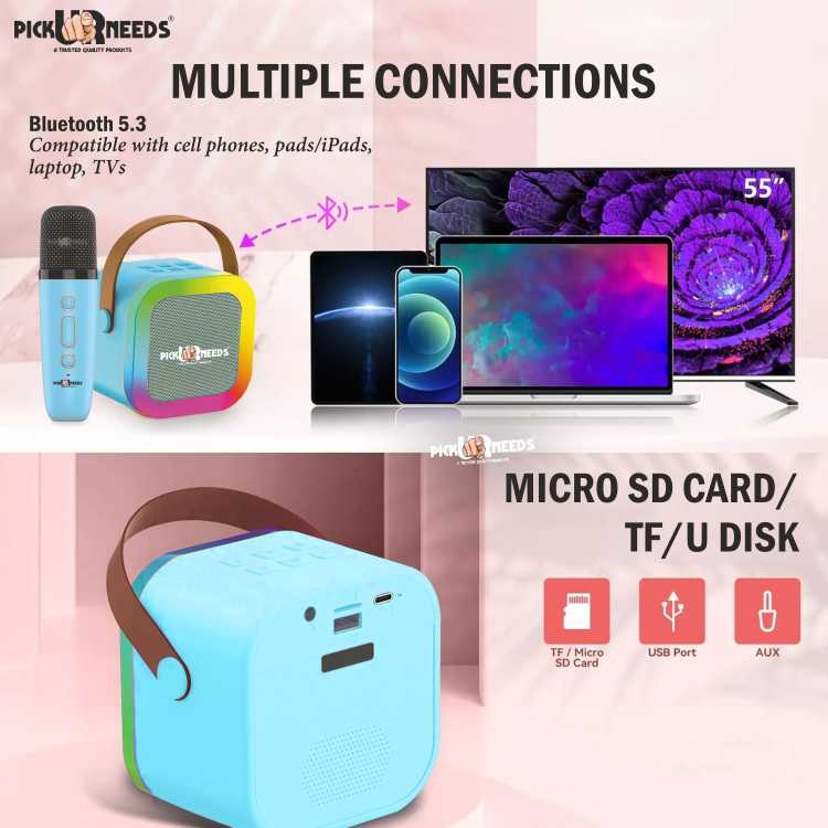 Pick Ur Needs Kids Karaoke 4 Multiple Voice Mike With Bluetooth Speaker RGB Disco Party Light (Blue)