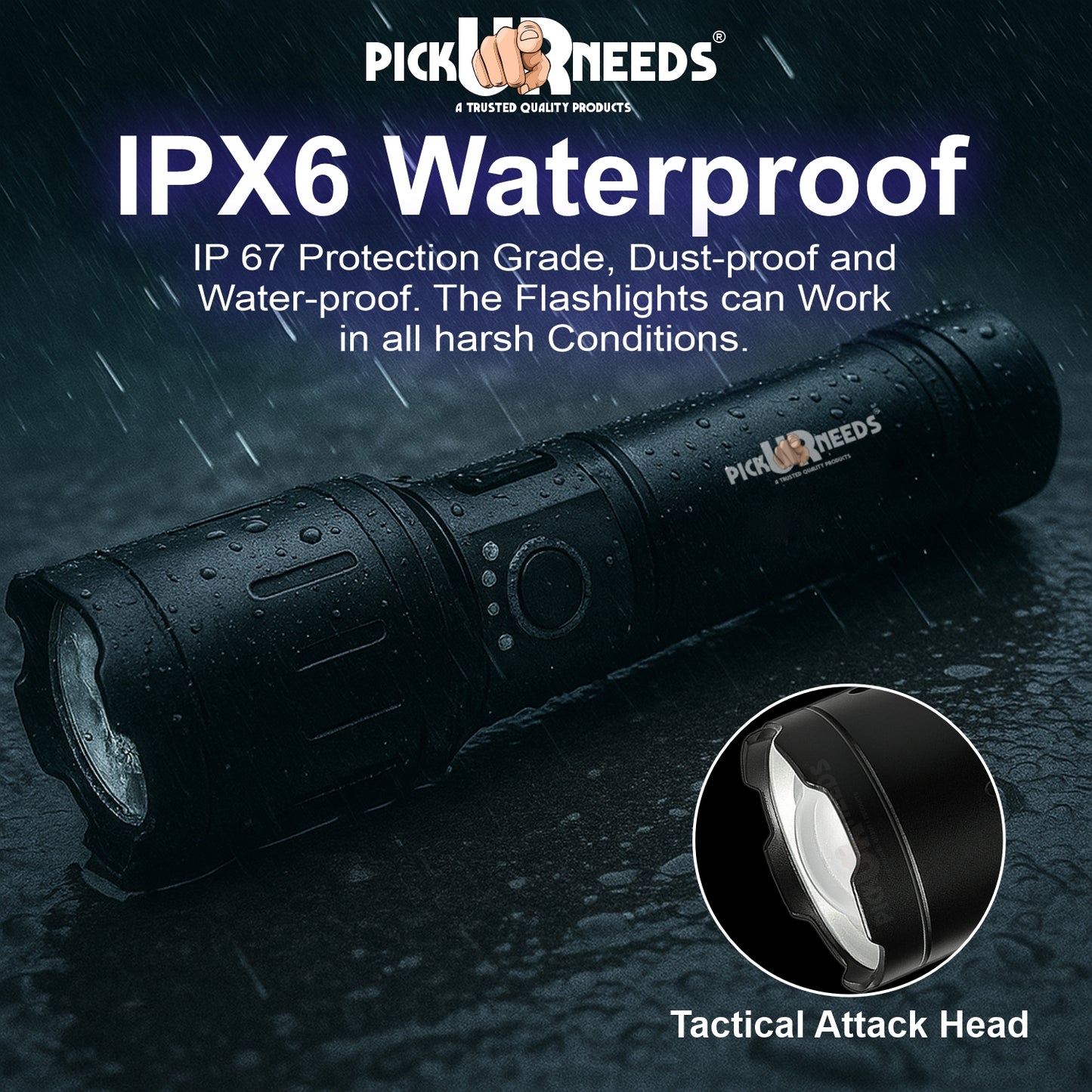 Pick Ur Needs 150W Rechargeable LED Torch. Featuring zoomable focus, 6 lighting modes, and a durable metal body, it's perfect for outdoor use, emergencies, and everyday tasks. Powered by a long-lasting 1800mAh battery.
