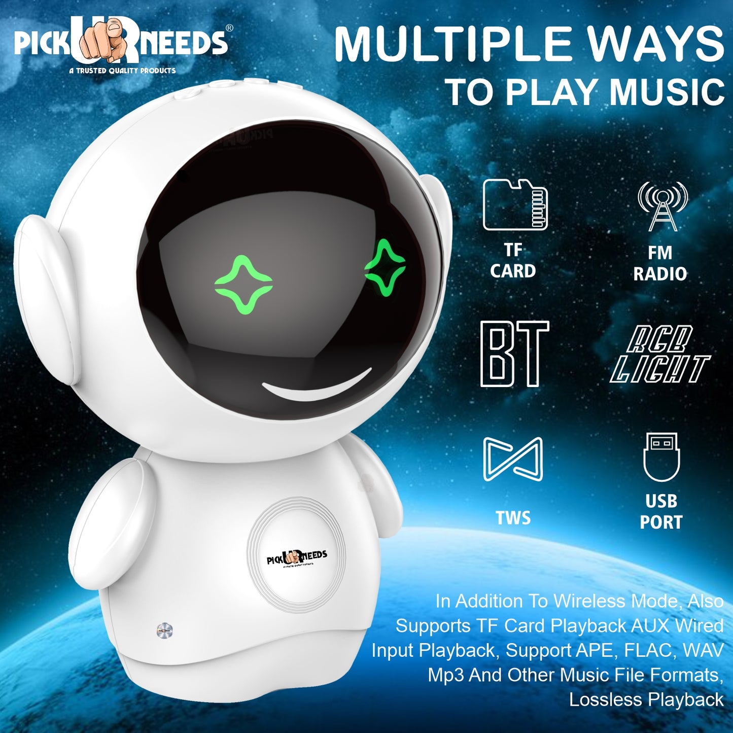 Pick Ur Needs Rechargeable Bluetooth Speaker with 1200mAh Battery β Portable Wireless Audio, FM Radio, USB/TF Card Support, TWS Pairing (White)