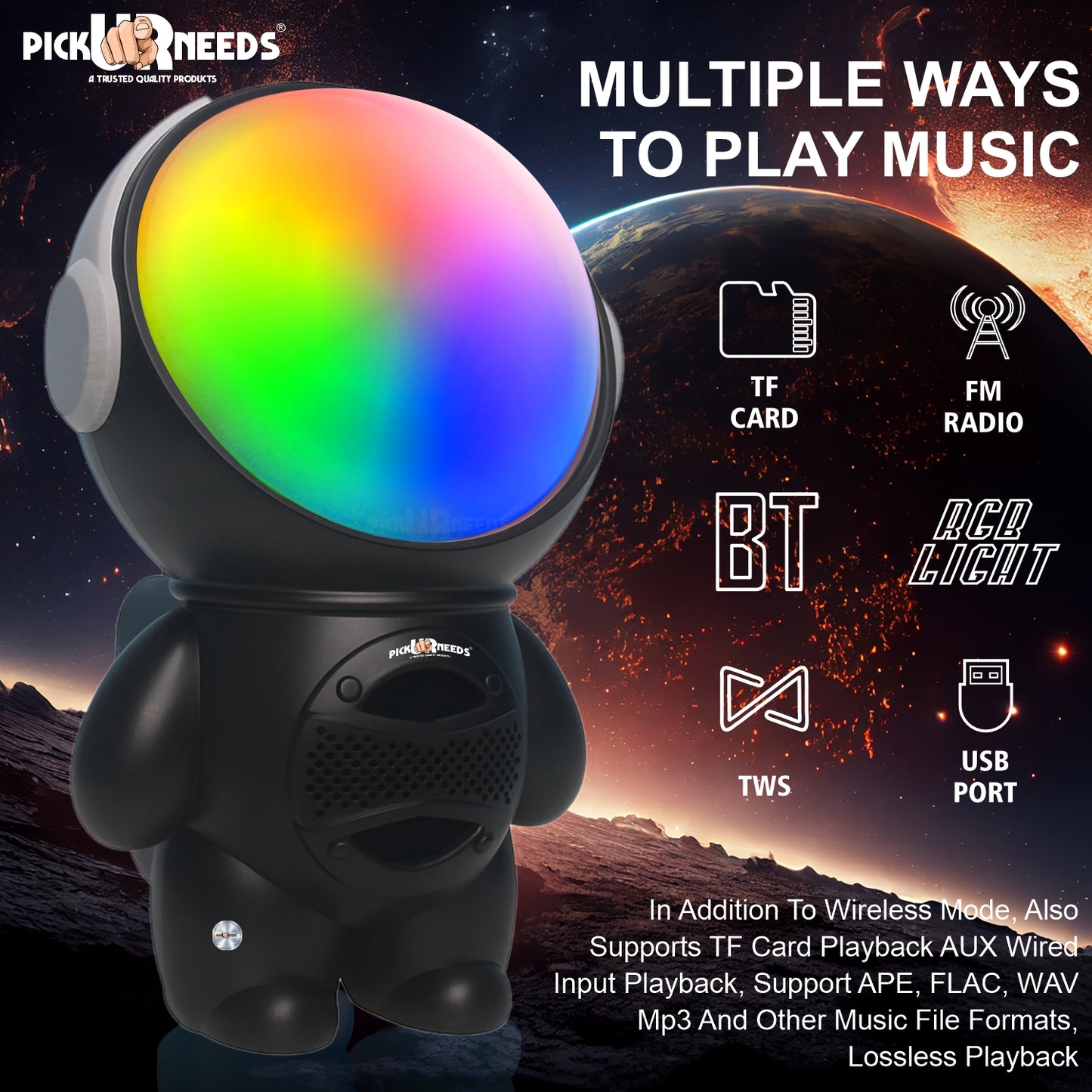Pick Ur Needs Astronaut Portable Wireless Mini DJ Bluetooth Speaker with Dynamic Thunder Sound, 6.8W HiFi Bass, LED Lights, 1200mAh Battery, USB/TF Card Playback