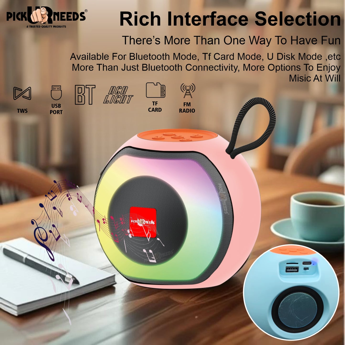Pick Ur Needs Compact Rechargeable Boom Bass Wireless Speakers - RGB LED Light, 4Hrs, 1200mAh 5 W Bluetooth Speaker (Black, 5.0 Channel)
