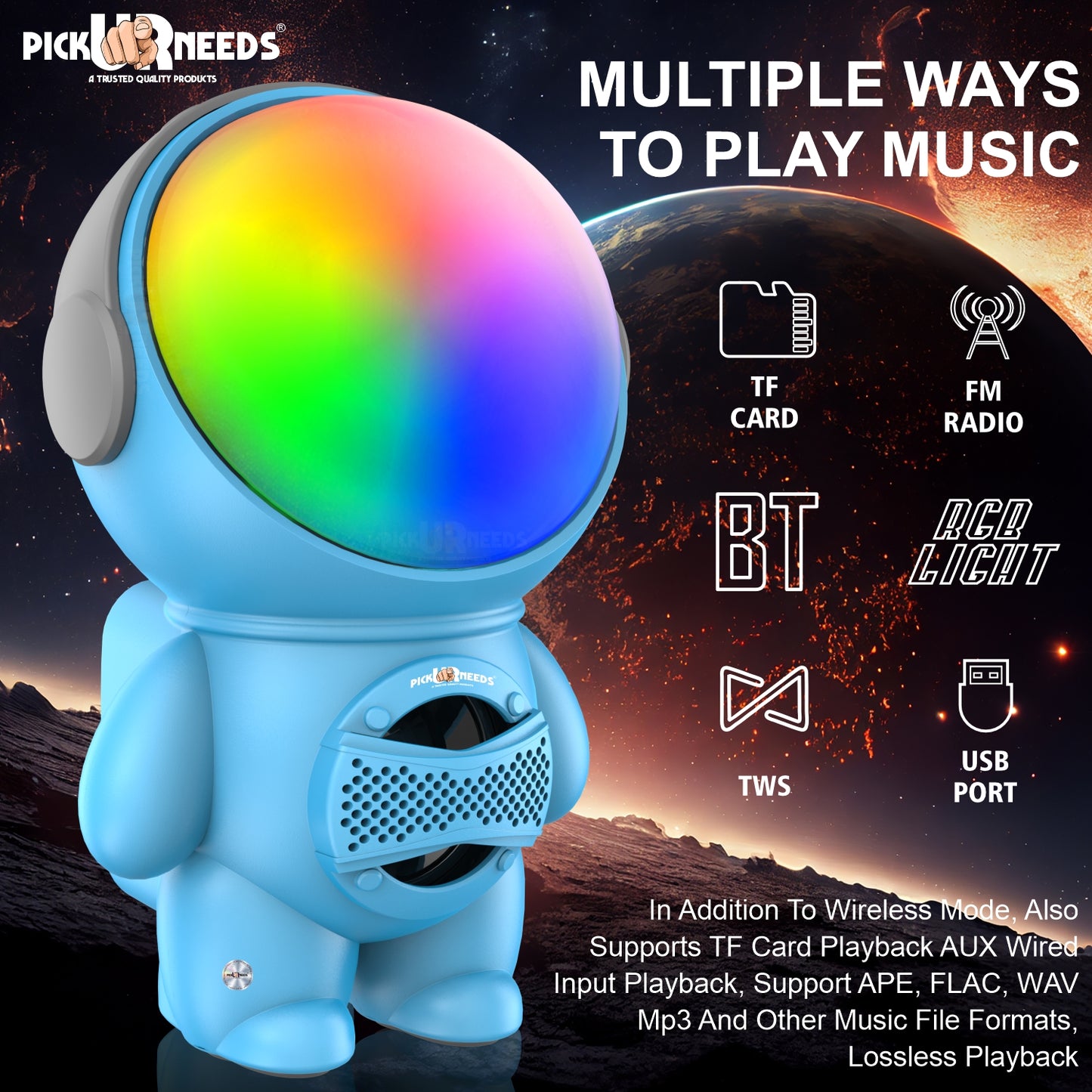 Pick Ur Needs Astronaut Portable Wireless Mini DJ Bluetooth Speaker with Dynamic Thunder Sound, 6.8W HiFi Bass, LED Lights, 1200mAh Battery, USB/TF Card Playback