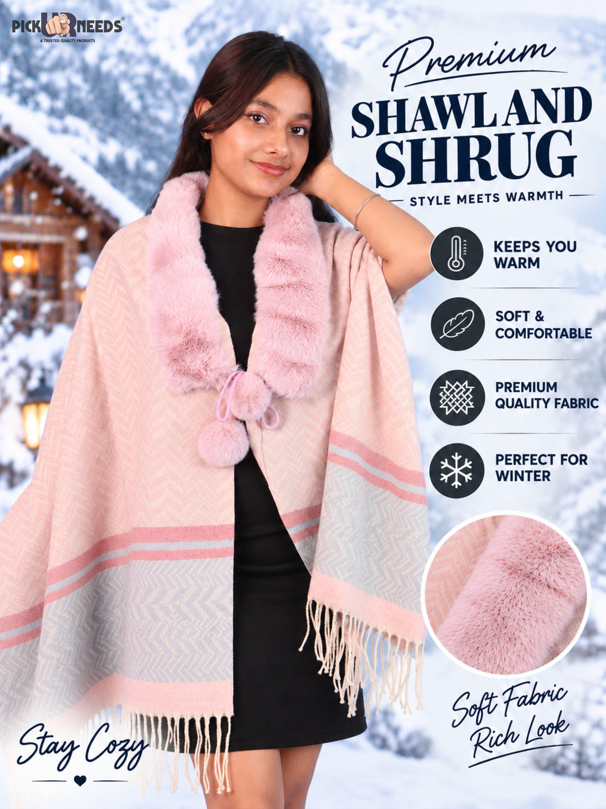 Pick Ur Needs Womens & Girls Designer Winter Shawl with Plush Fur Neckline & Patterned Border Soft Cozy Ladies Shoulder Wrap with Fringed Edges & Pom Pom Tassels
