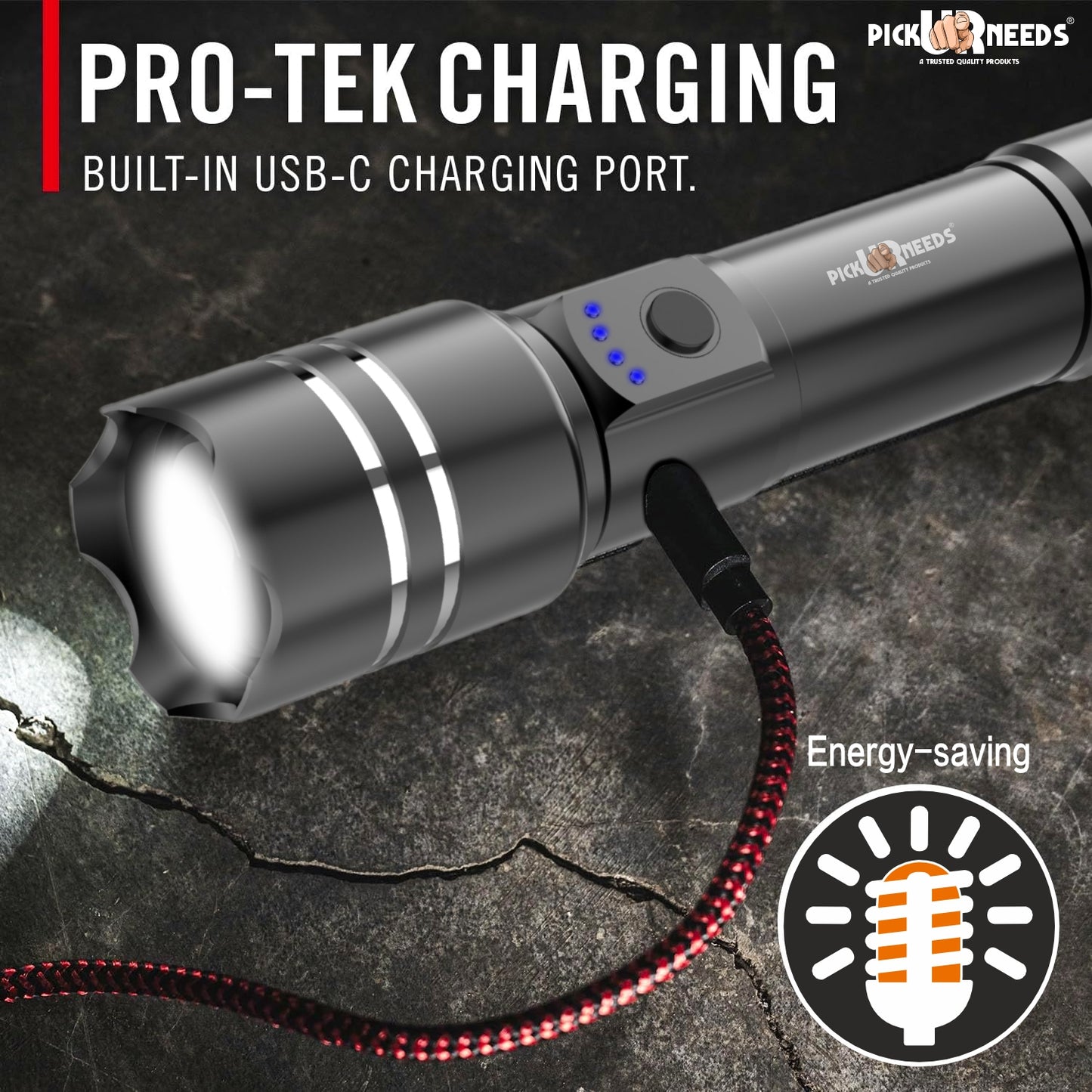 Pick Ur Needs 150W Rechargeable LED Torch offers powerful brightness, zoomable focus, 6 lighting modes, and a durable metal body. With a long-lasting 1800mAh battery, it's perfect for camping, emergencies, and everyday use.