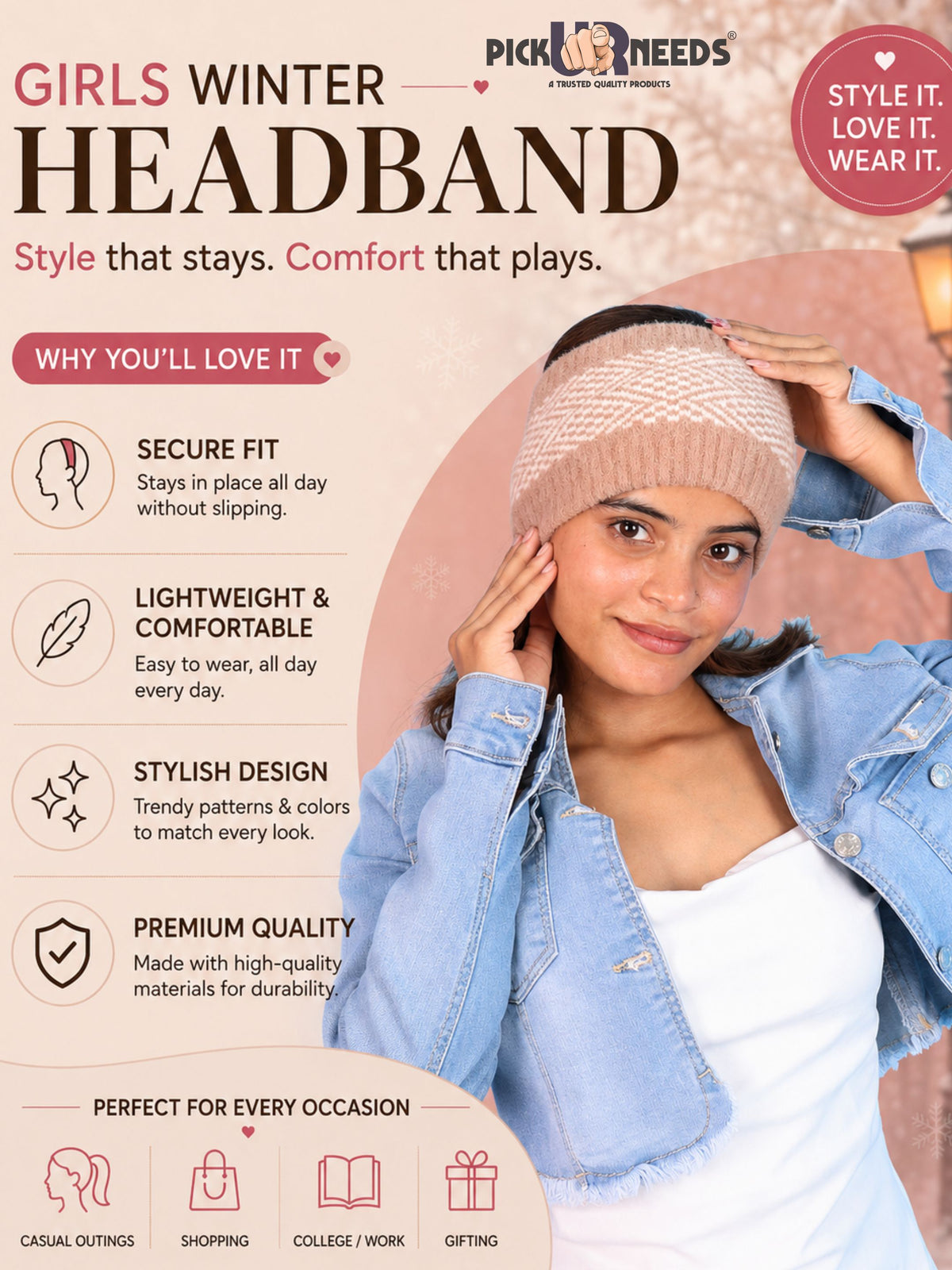 Pick Ur Needs Unisex Winter Headband Ear Warmer For Women & Men Soft Stretch Warm Head Wrap with Geometric Pattern