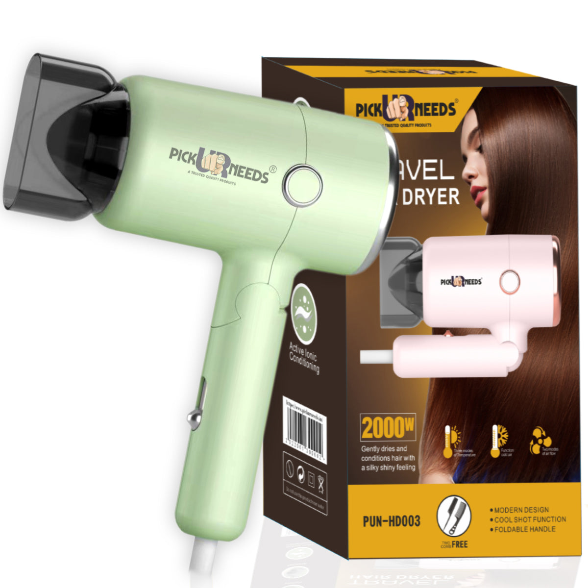 Pick Ur Needs Foldable Hair Dryer Stylish 2000W Professional Hot & Cold Hair Dryer with Handle Hair Dryer (2000 W, Green)