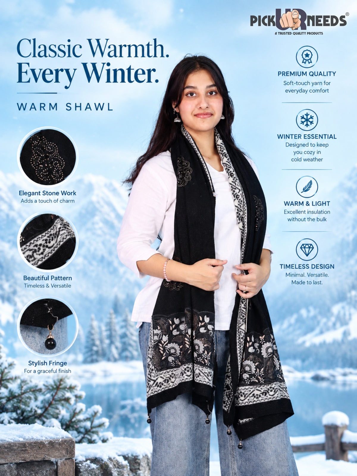 Pick Ur Needs Women Winter Shawl with Net Work Border Shrug & Poncho Style Elegant Winter Wear for Party