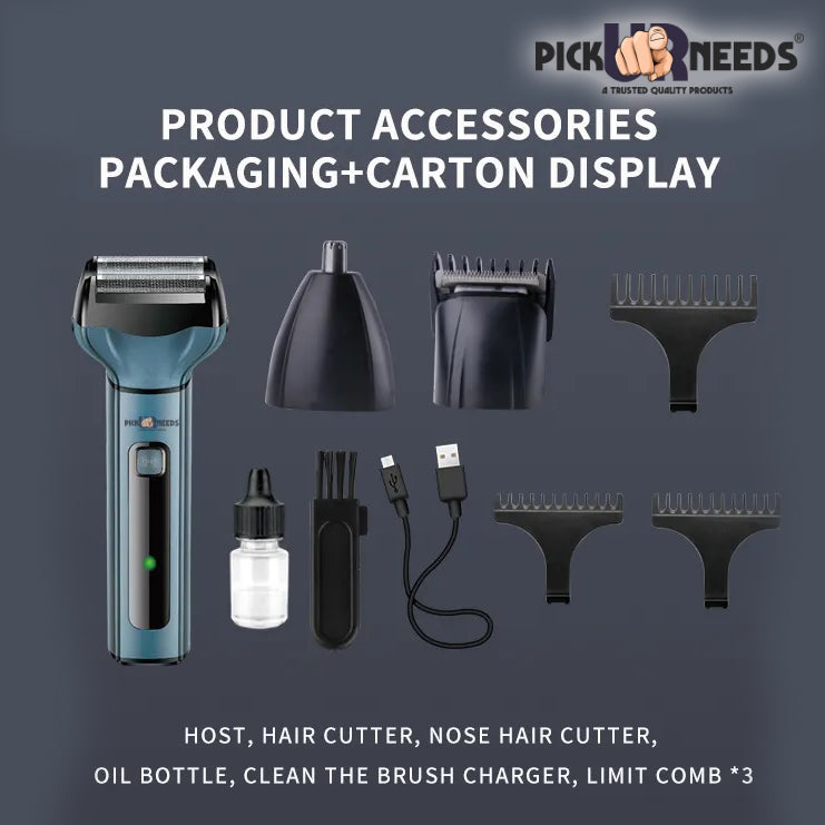 Pick Ur Needs Professional Shaver, 3 in 1 Beard, Nose and Ear Waterproof Trimmer Grooming Kit 90 min Runtime 2 Length Settings (Multicolor)