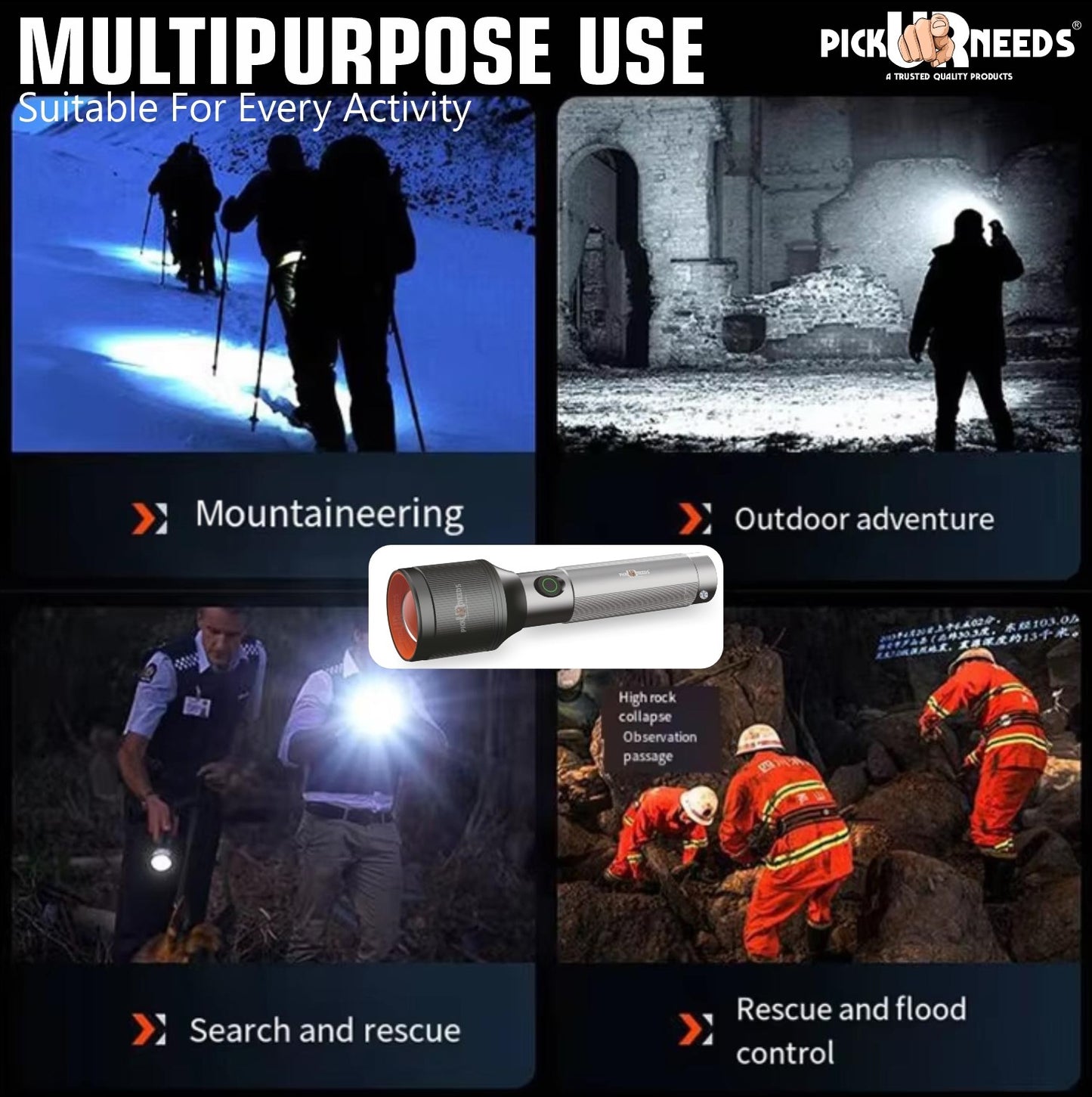 Pick Ur Needs Rechargeable Zoomable Focus Aluminium Body Torch LED 100W Laser 1500mAh Battery 5 hrs Torch Emergency Light (Black)