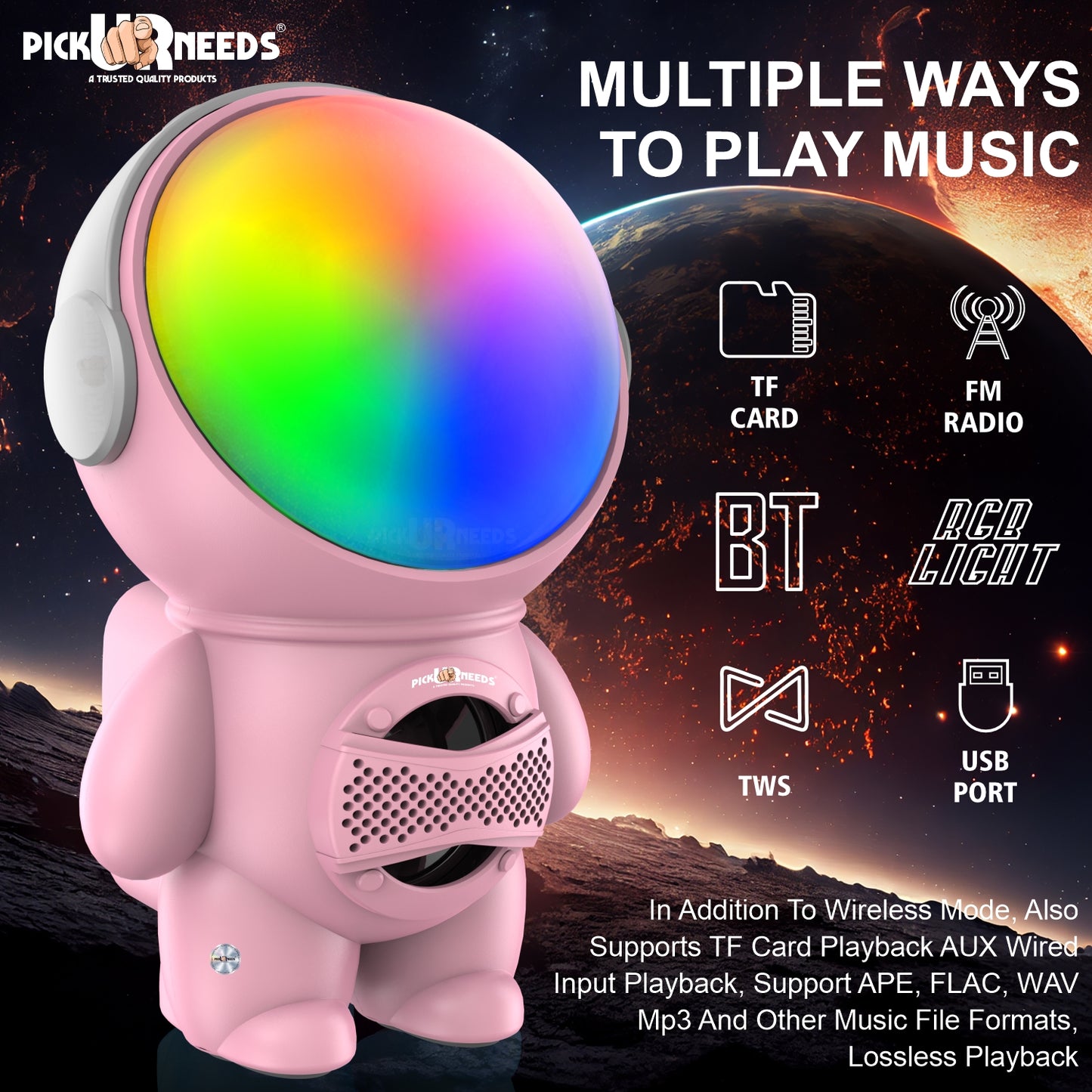 Pick Ur Needs Astronaut Portable Wireless Mini DJ Bluetooth Speaker with Dynamic Thunder Sound, 6.8W HiFi Bass, LED Lights, 1200mAh Battery, USB/TF Card Playback