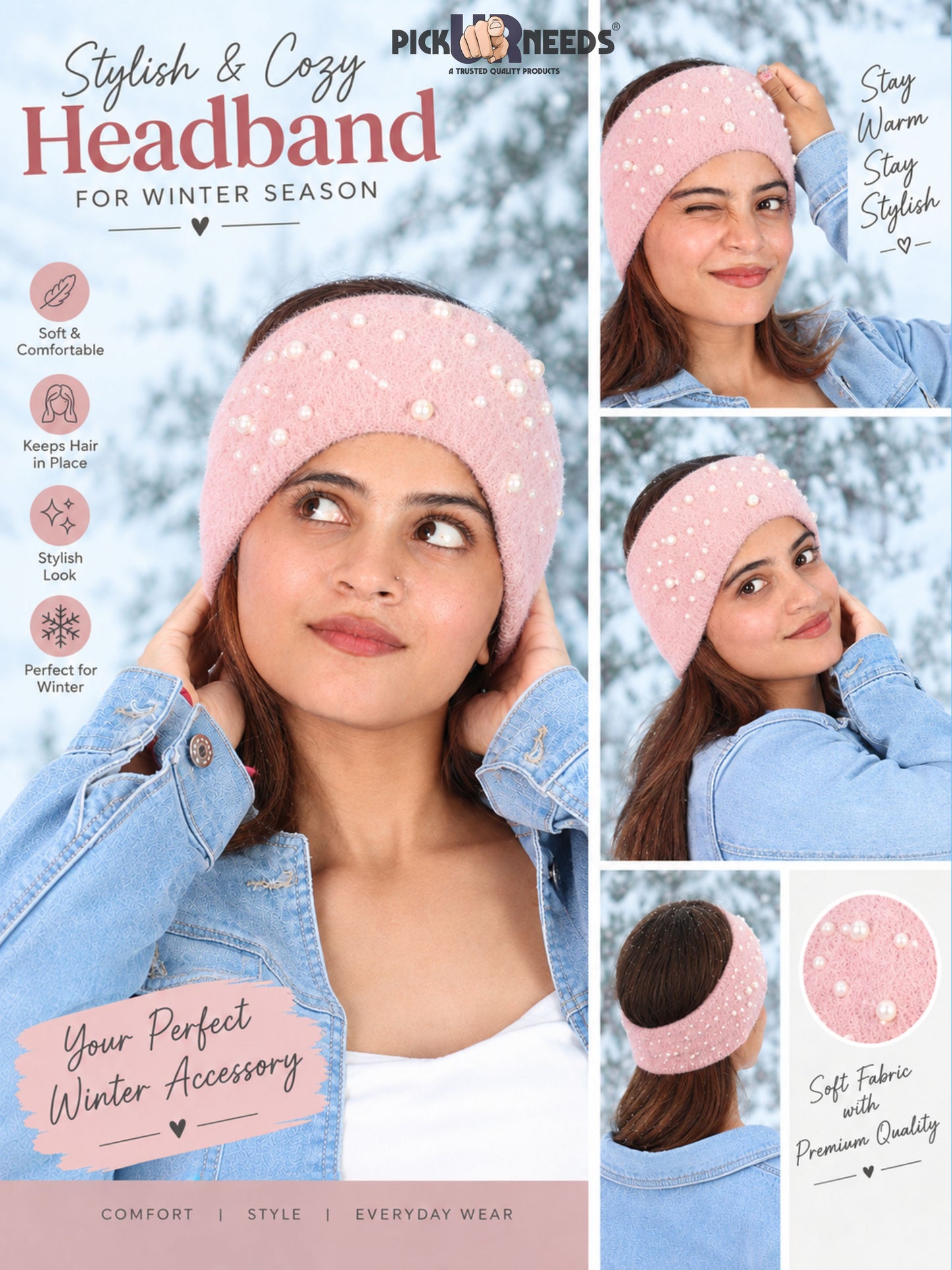 Pick Ur Needs Stylish & Cozy Pearl Embellished Winter Headband