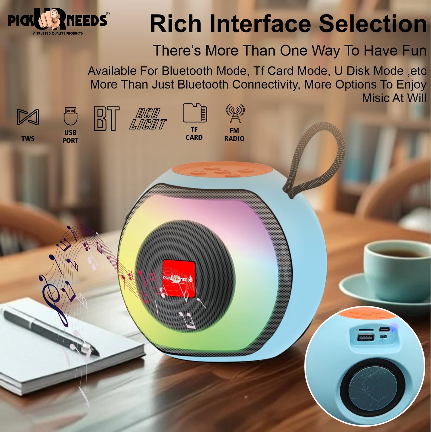 Pick Ur Needs Compact Rechargeable Boom Bass Wireless Speakers - RGB LED Light, 4Hrs, 1200mAh 5 W Bluetooth Speaker (Black, 5.0 Channel)