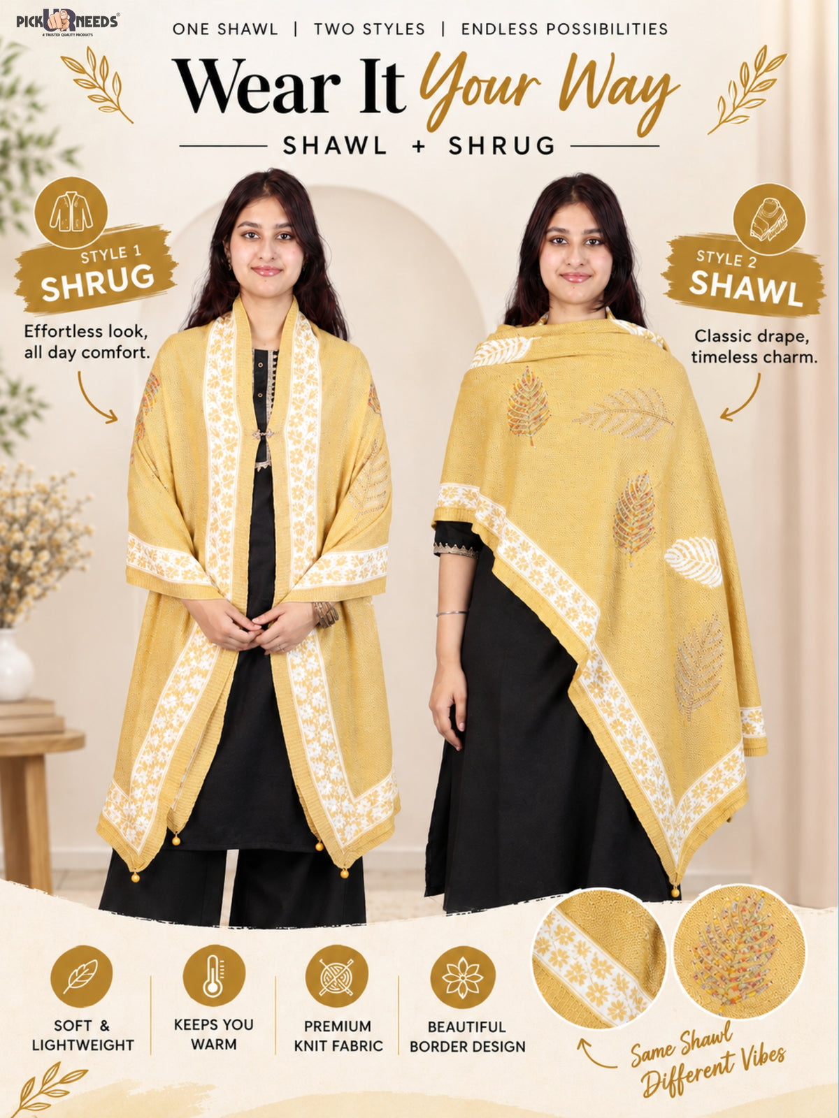 Pick Ur Needs Girls & Womens Winter Soft Lightweight Knitted Shawl with Leaf Design, Floral Border & Decorative Tassels