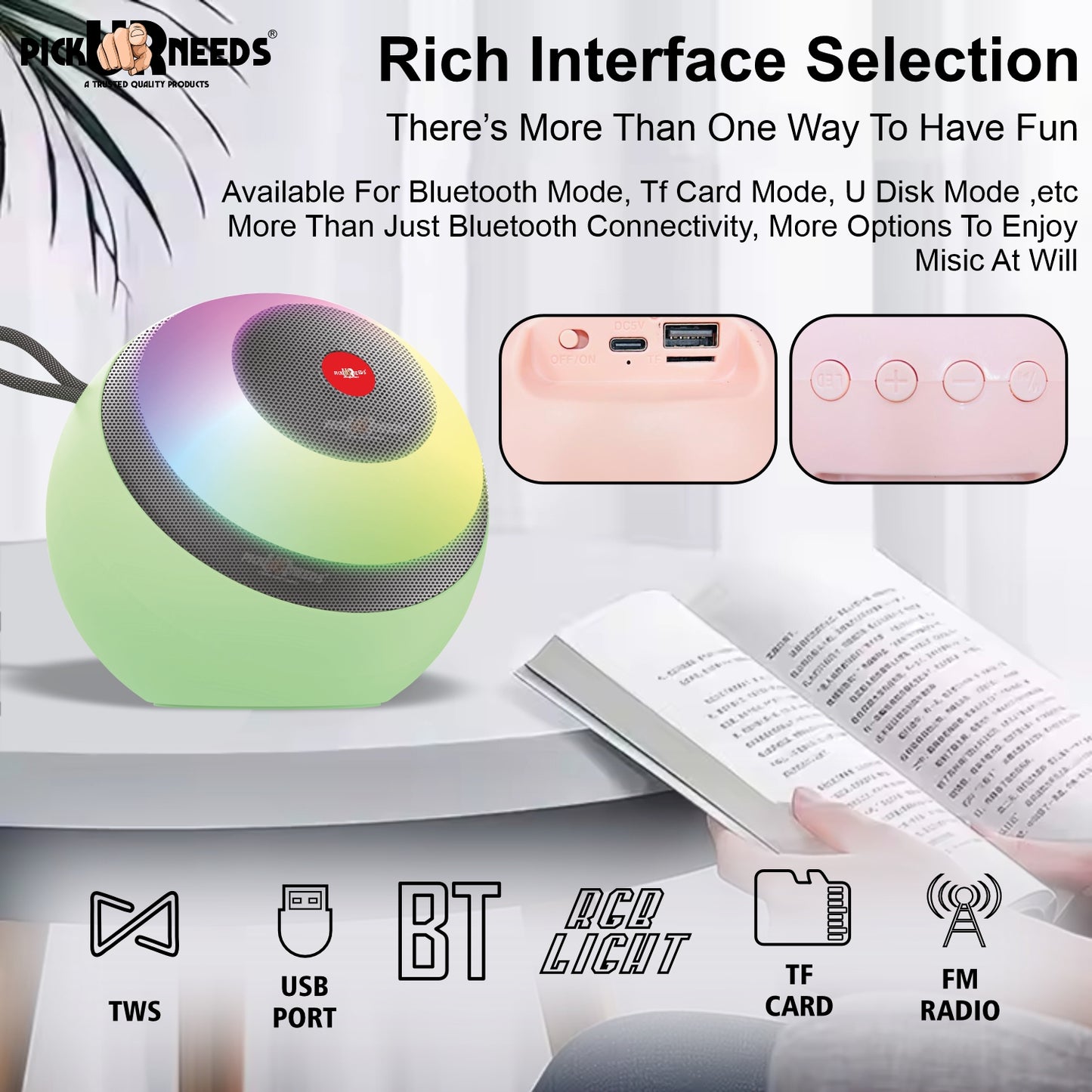 Pick Ur Needs Super Bass Rechargeable Portable Speakers RGB LED Active Stereo WooferHiFi Music 5 W Bluetooth Speaker (Black, 5.0 Channel)