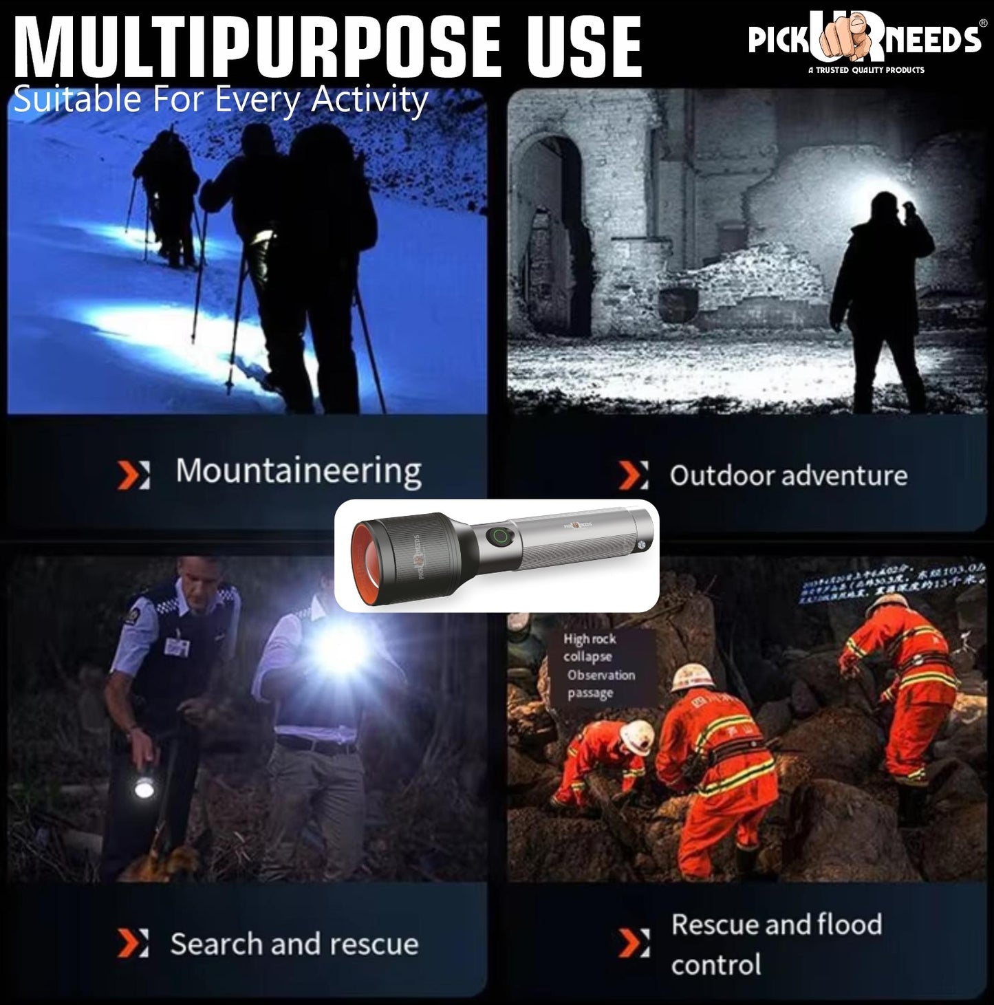 Pick Ur Needs 100W+100W LED Rechargeable Long Range Torch Light with 5 Lighting Modes Flashlight 1500mAh Battery Searchlight for Camping, Outdoor, Hiking, Emergency Use