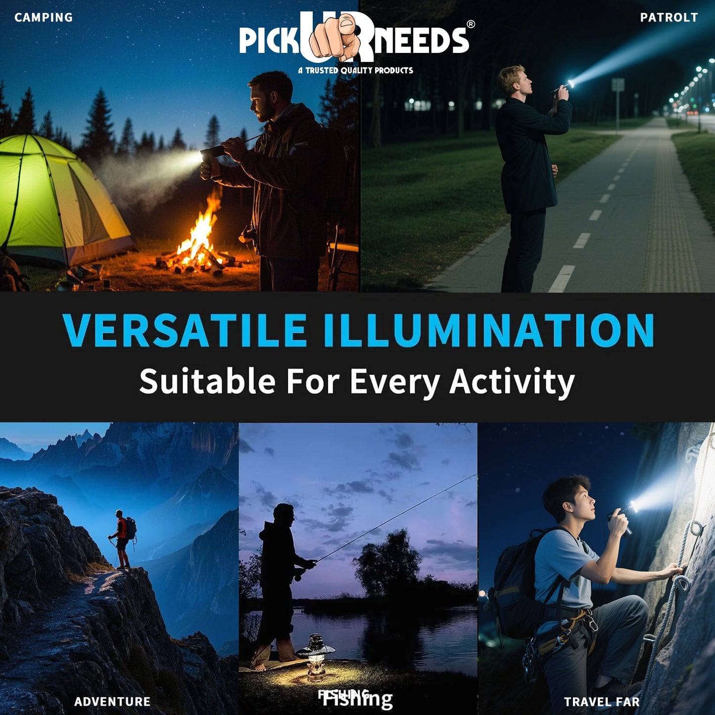 Pick Ur Needs 150W Rechargeable LED Torch. Featuring zoomable focus, 6 lighting modes, and a durable metal body, it's perfect for outdoor use, emergencies, and everyday tasks. Powered by a long-lasting 1800mAh battery.