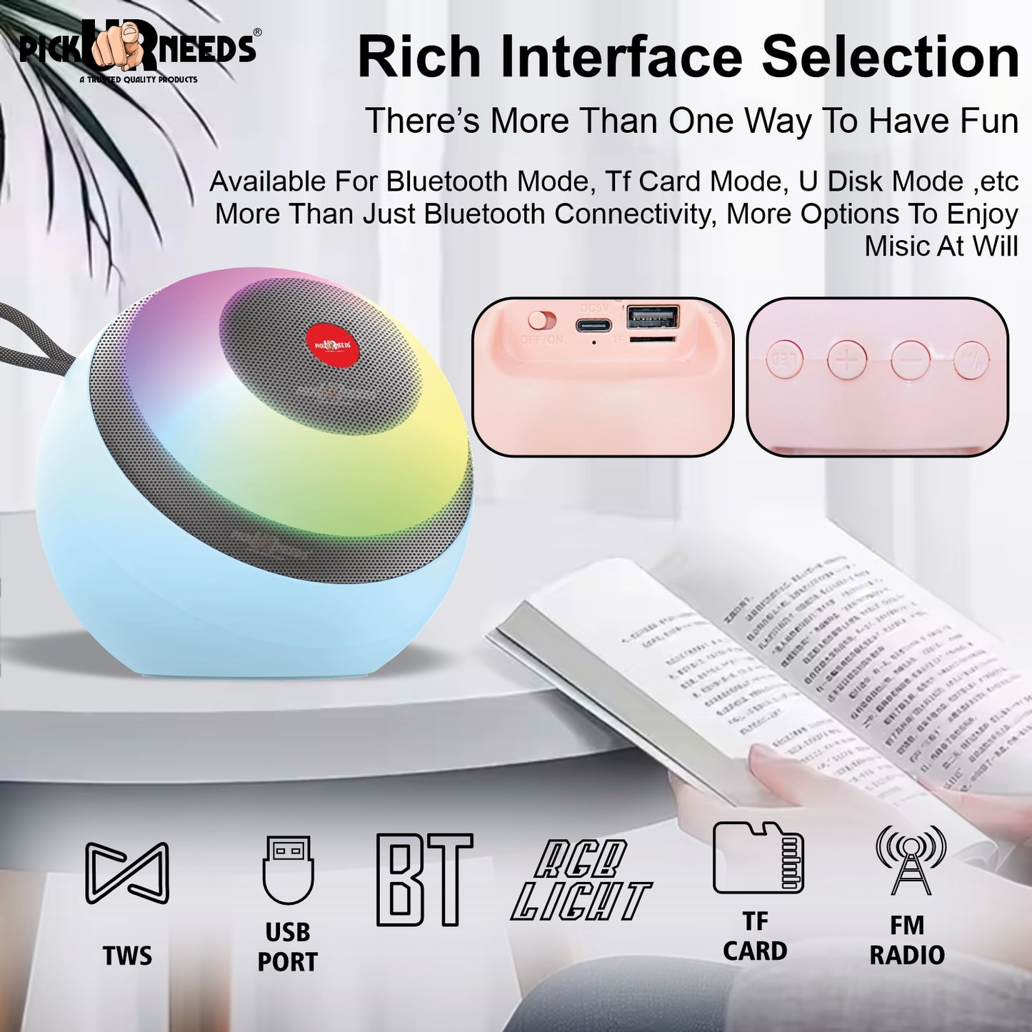 Pick Ur Needs Super Bass Rechargeable Portable Speakers RGB LED Active Stereo WooferHiFi Music 5 W Bluetooth Speaker (Black, 5.0 Channel)