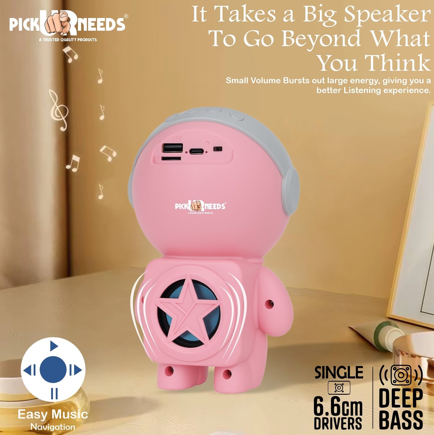 Pick Ur Needs Astronaut Portable Wireless Mini DJ Bluetooth Speaker with Dynamic Thunder Sound, 6.8W HiFi Bass, LED Lights, 1200mAh Battery, USB/TF Card Playback