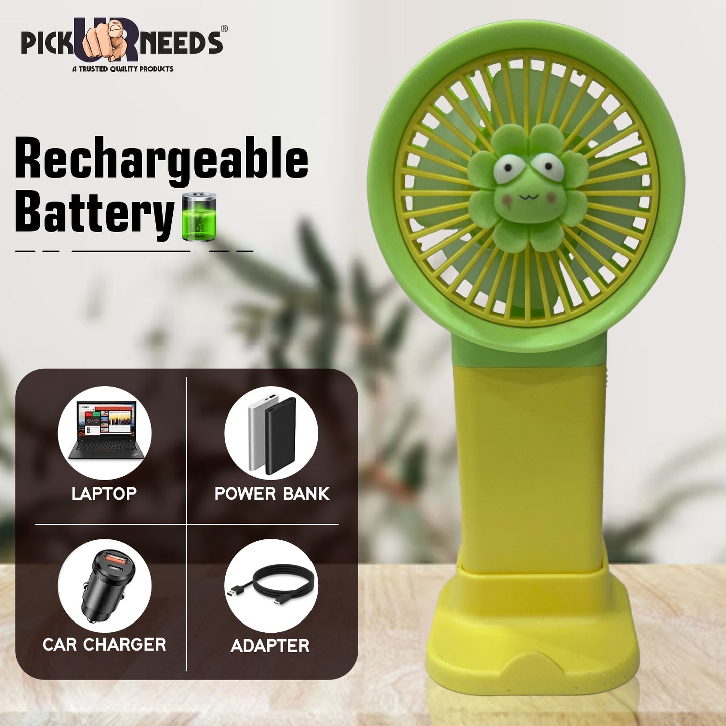 Pick Ur Needs Mini Rechargeable Hand Fan With USB Charge Support Teddy Design Fan With Stand 3 mm 5 Blade Table Fan (BLDC Motor Pack of 1)