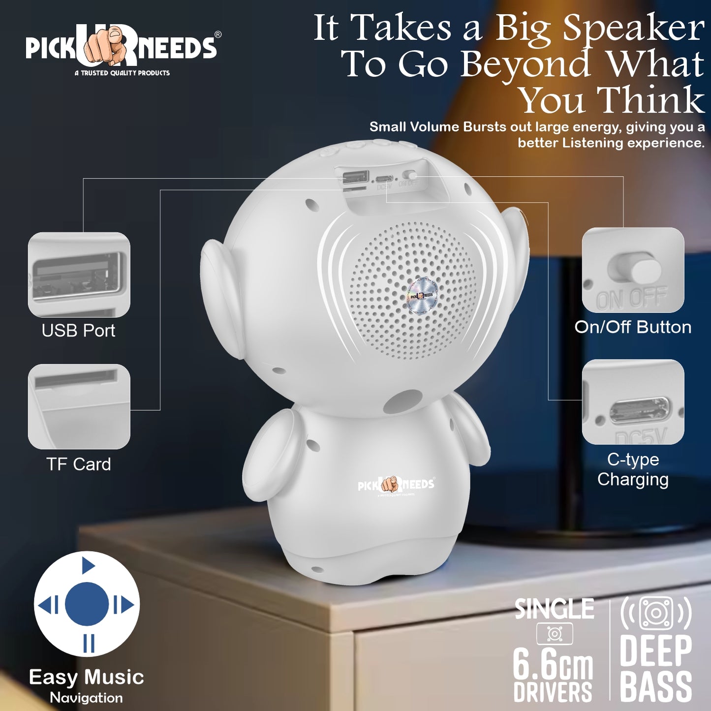 Pick Ur Needs Rechargeable Bluetooth Speaker with 1200mAh Battery β Portable Wireless Audio, FM Radio, USB/TF Card Support, TWS Pairing (White)