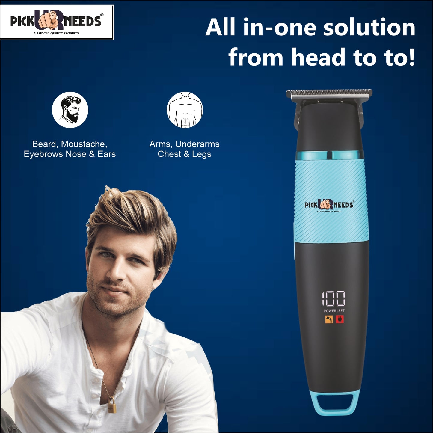 Pick Ur Needs 4 In 1 Blades Premium Look Rechargeable Hair Clipper / Shaver With Smart Display Trimmer 120 min Runtime 3 Length Settings (Blue)
