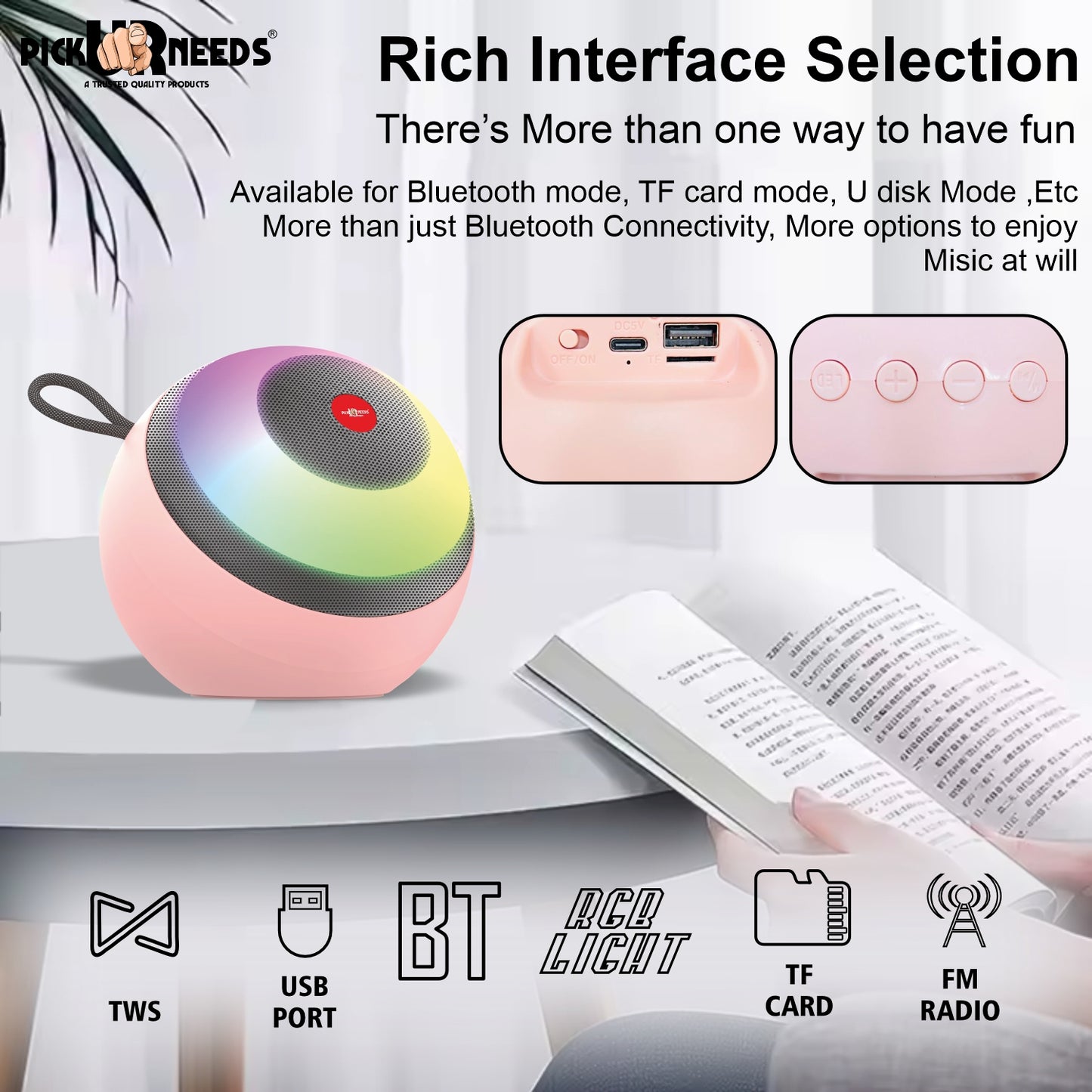 Pick Ur Needs Super Bass Rechargeable Portable Speakers RGB LED Active Stereo WooferHiFi Music 5 W Bluetooth Speaker (Black, 5.0 Channel)