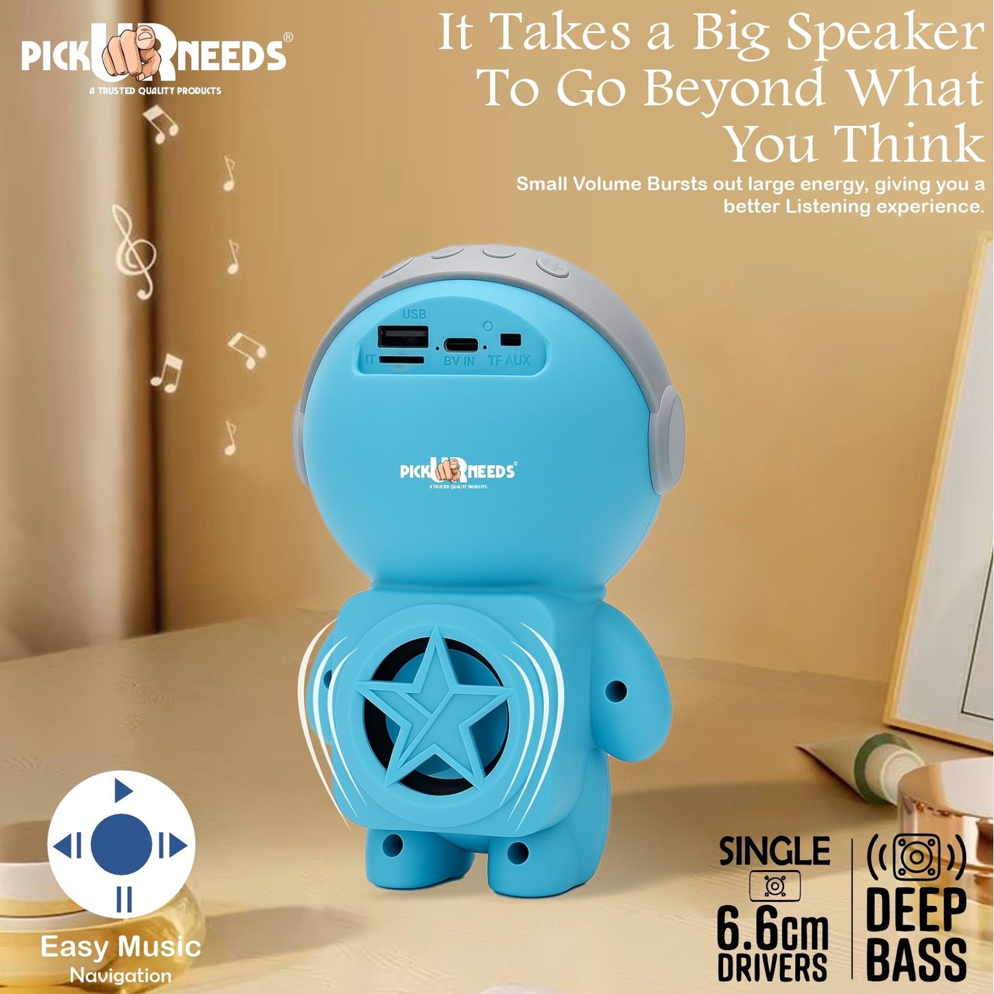 Pick Ur Needs Astronaut Portable Wireless Mini DJ Bluetooth Speaker with Dynamic Thunder Sound, 6.8W HiFi Bass, LED Lights, 1200mAh Battery, USB/TF Card Playback