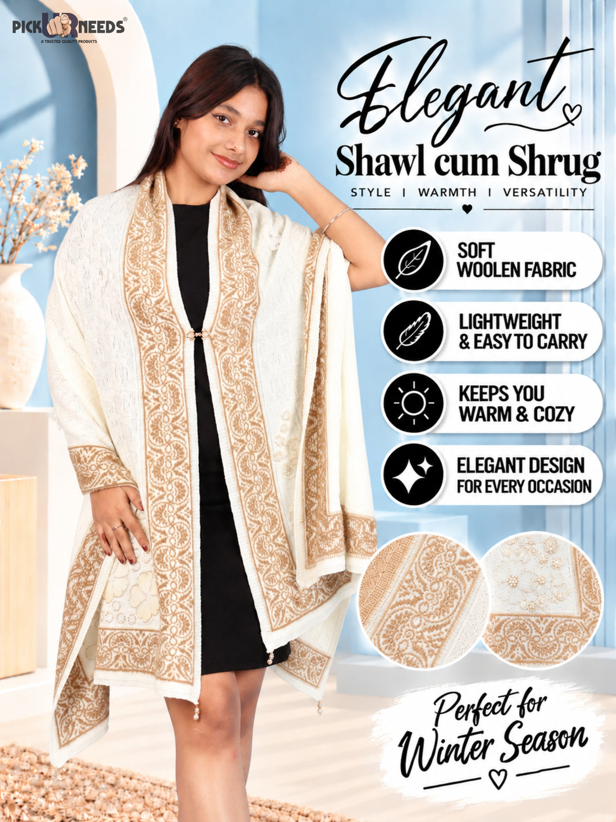 Pick Ur Needs Winter Woolen Womens Open Front Stylish Shrug with Elegant Floral Embroidery & Designer Border Soft Warm for Ladies & Girls