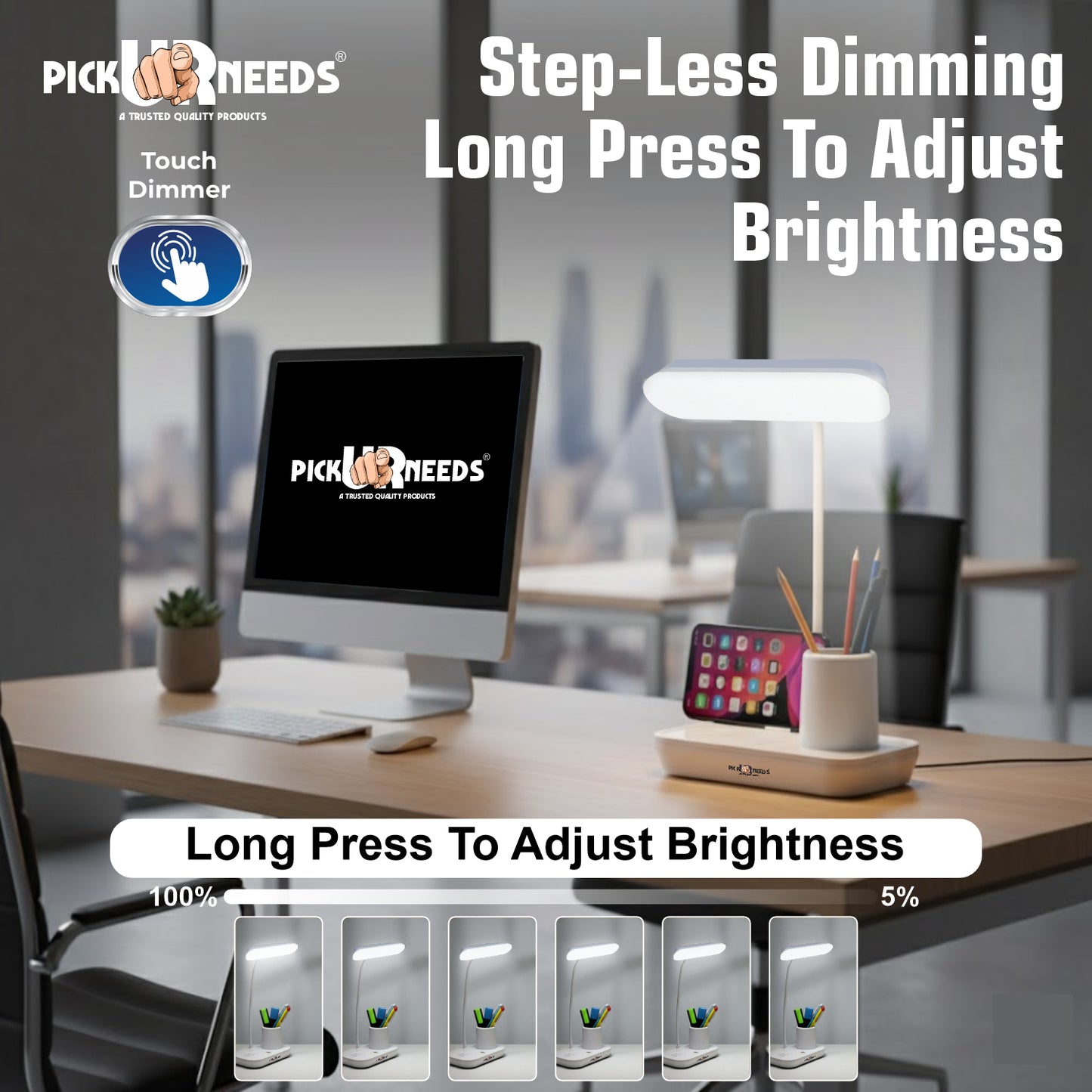 Pick Ur Needs LED Rechargeable Table Study Desk Lamp Reading Light with 3 Mode Dimming with Pen Holder, Phone Stand & USB Power