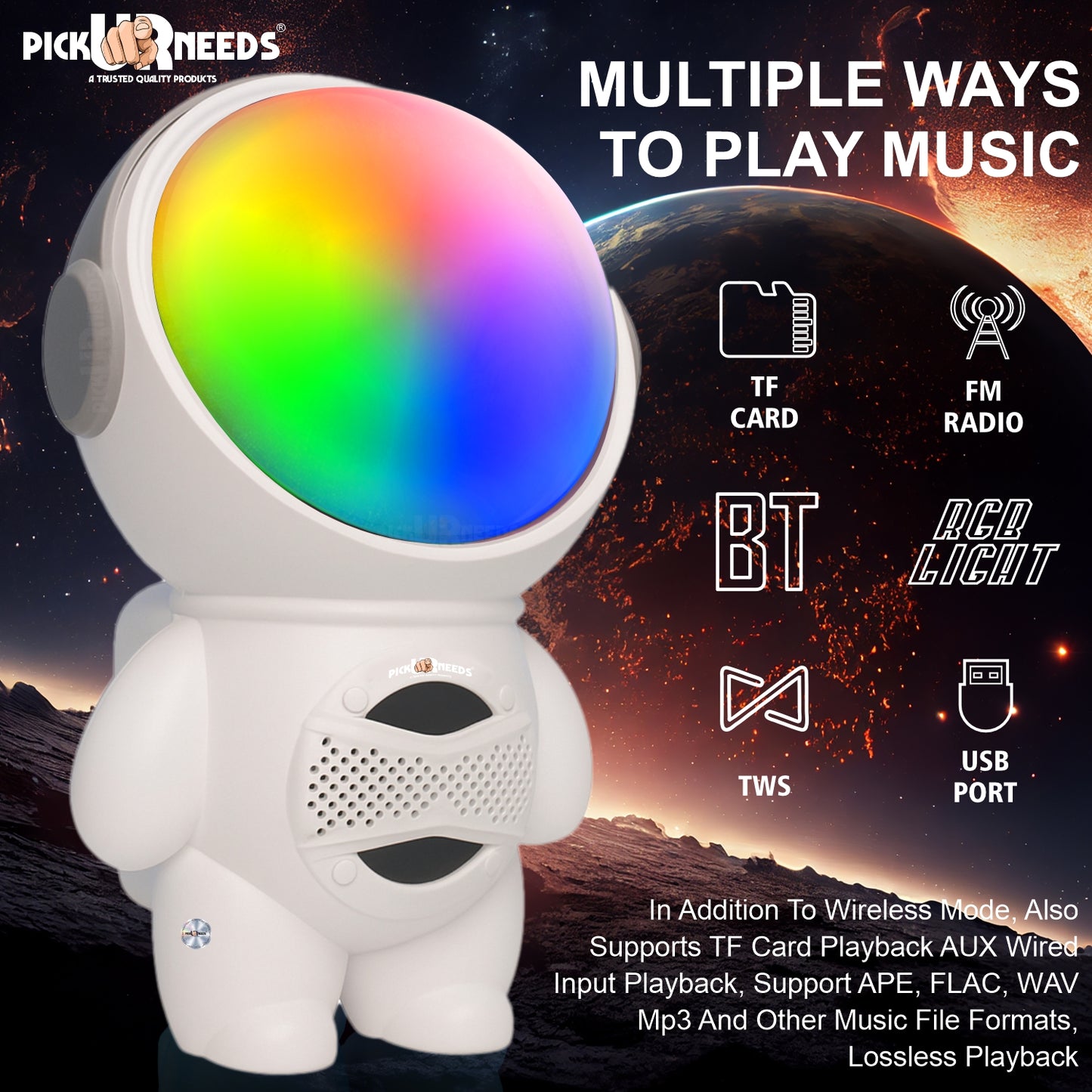 Pick Ur Needs Astronaut Portable Wireless Mini DJ Bluetooth Speaker with Dynamic Thunder Sound, 6.8W HiFi Bass, LED Lights, 1200mAh Battery, USB/TF Card Playback