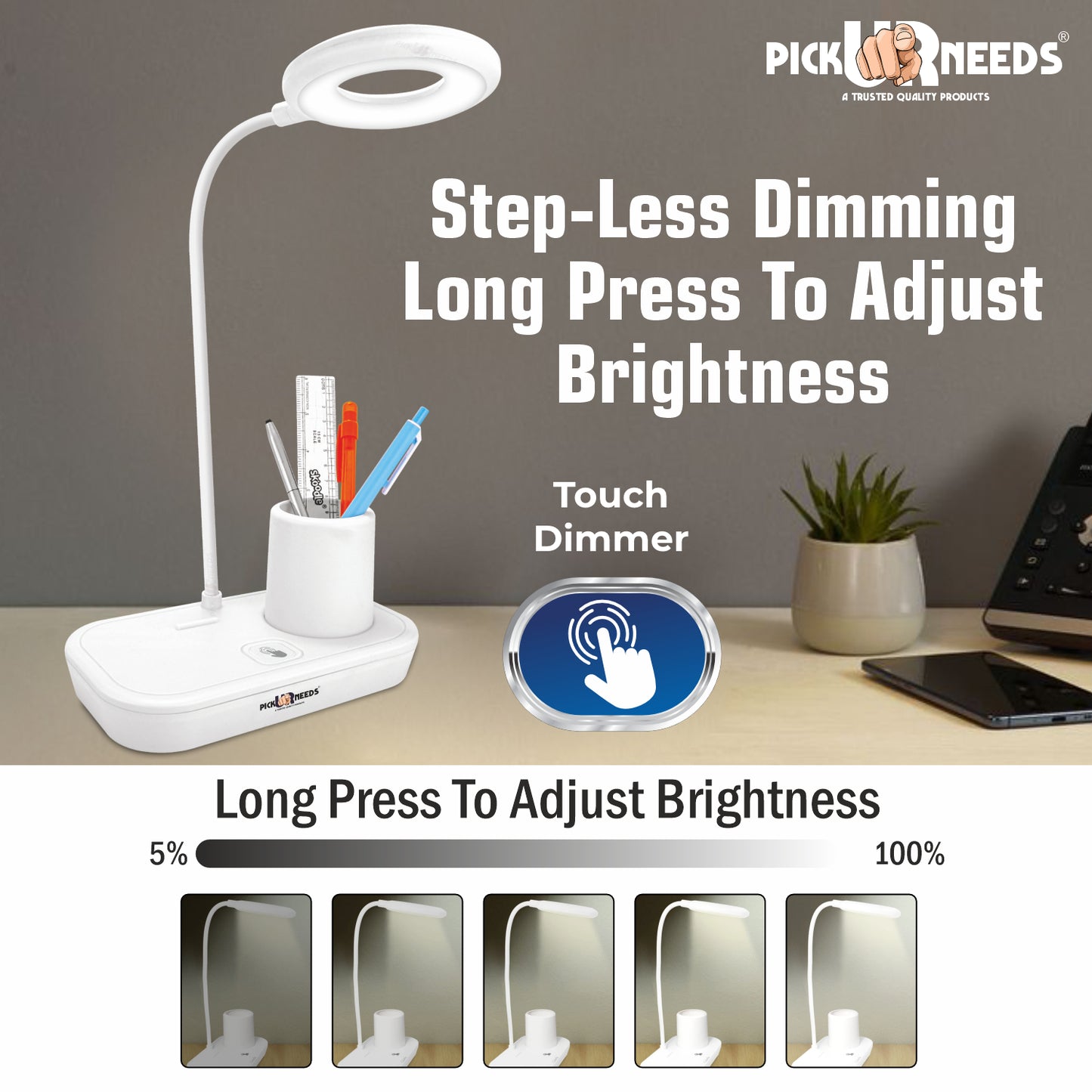 Pick Ur Needs Rechargeable Study Table Lamp Torch ON/ OFF With Pen Stand Night Desk Light Table Lamp (15 cm, White)