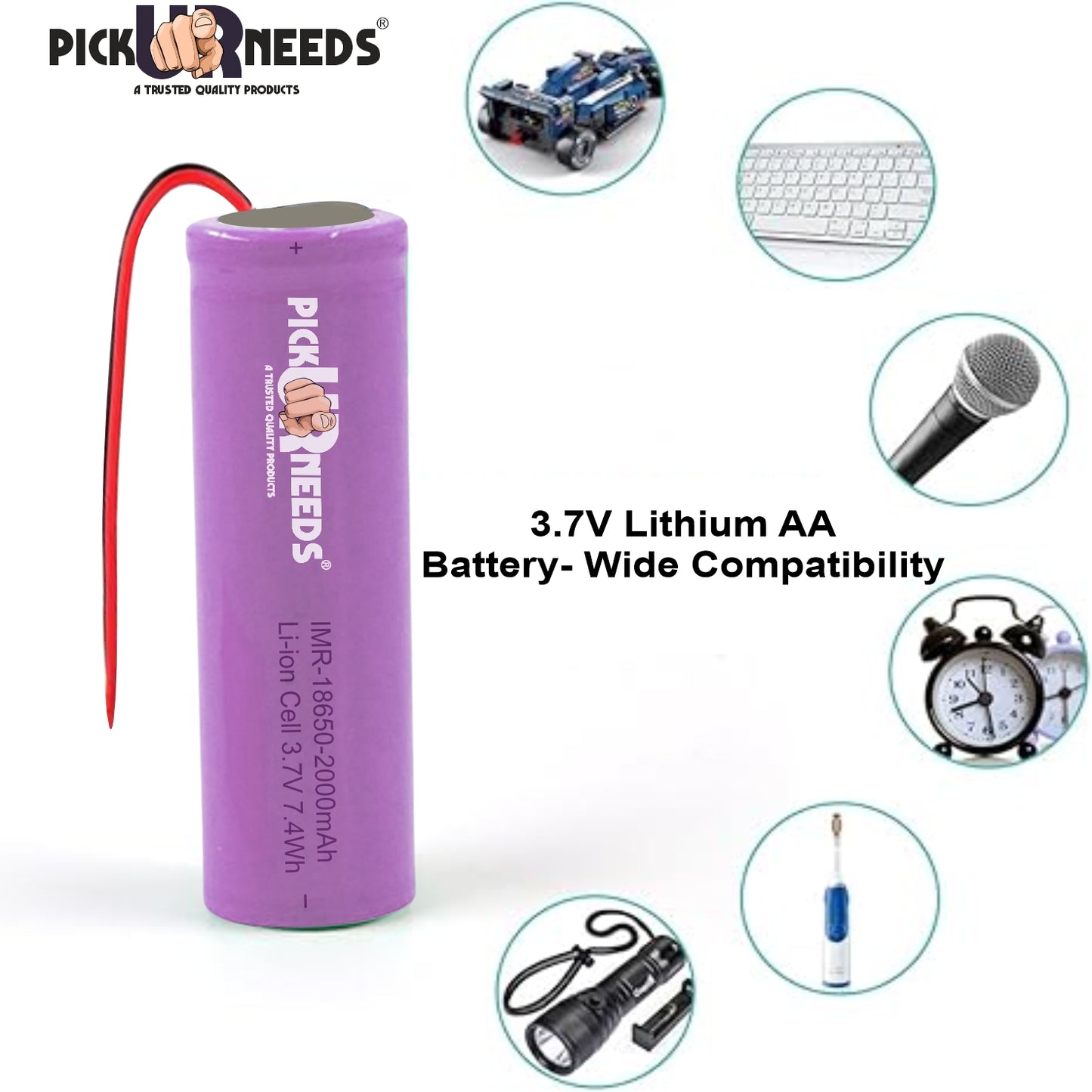 Pick Ur Needs 2000mAh 3.7V 18650 Lithium Li-ion Battery with Wired, Electronic Devices 65x18mm 6 hrs Torch Emergency Light (Purple) Pack 0f 12