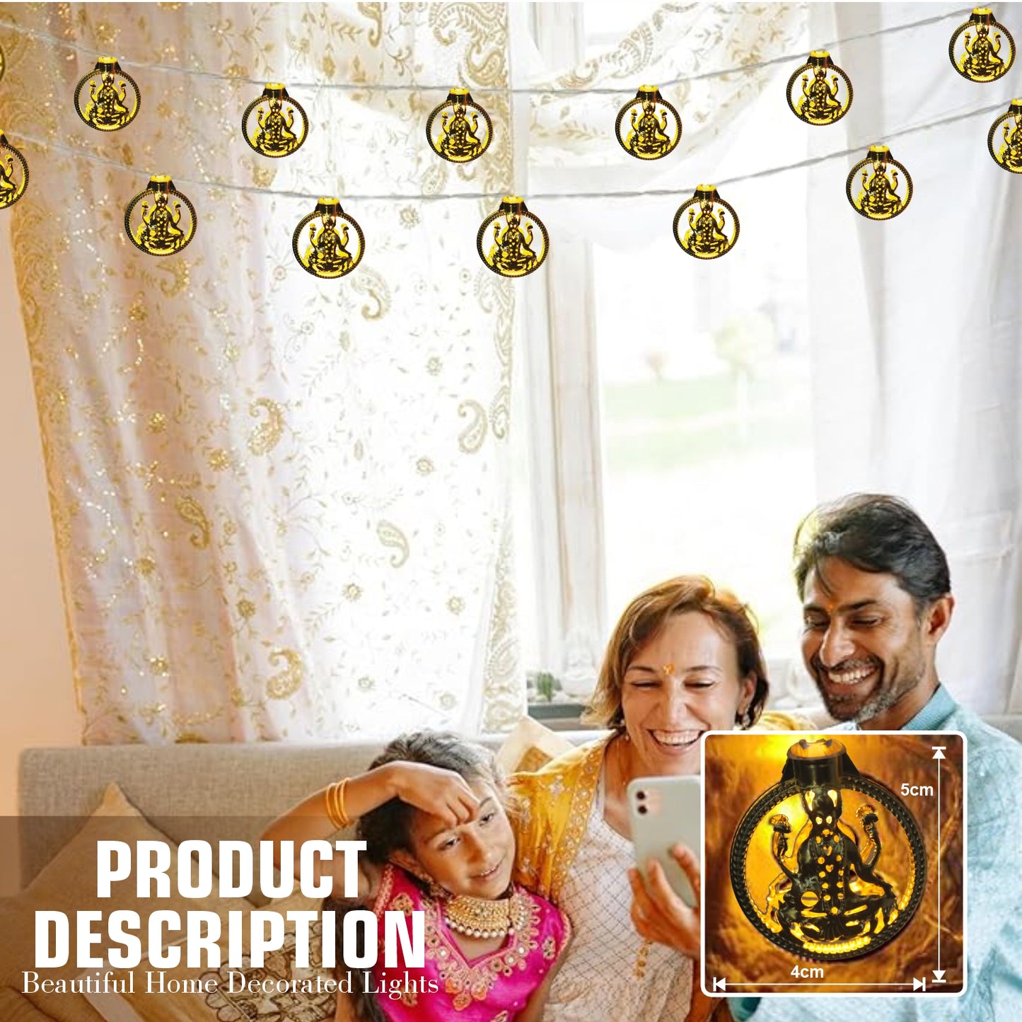 Pick Ur Needs Diwali String Lights Laxmi Ji Metal Hanging Lights, Warm White Round 3D Ceiling Lamp