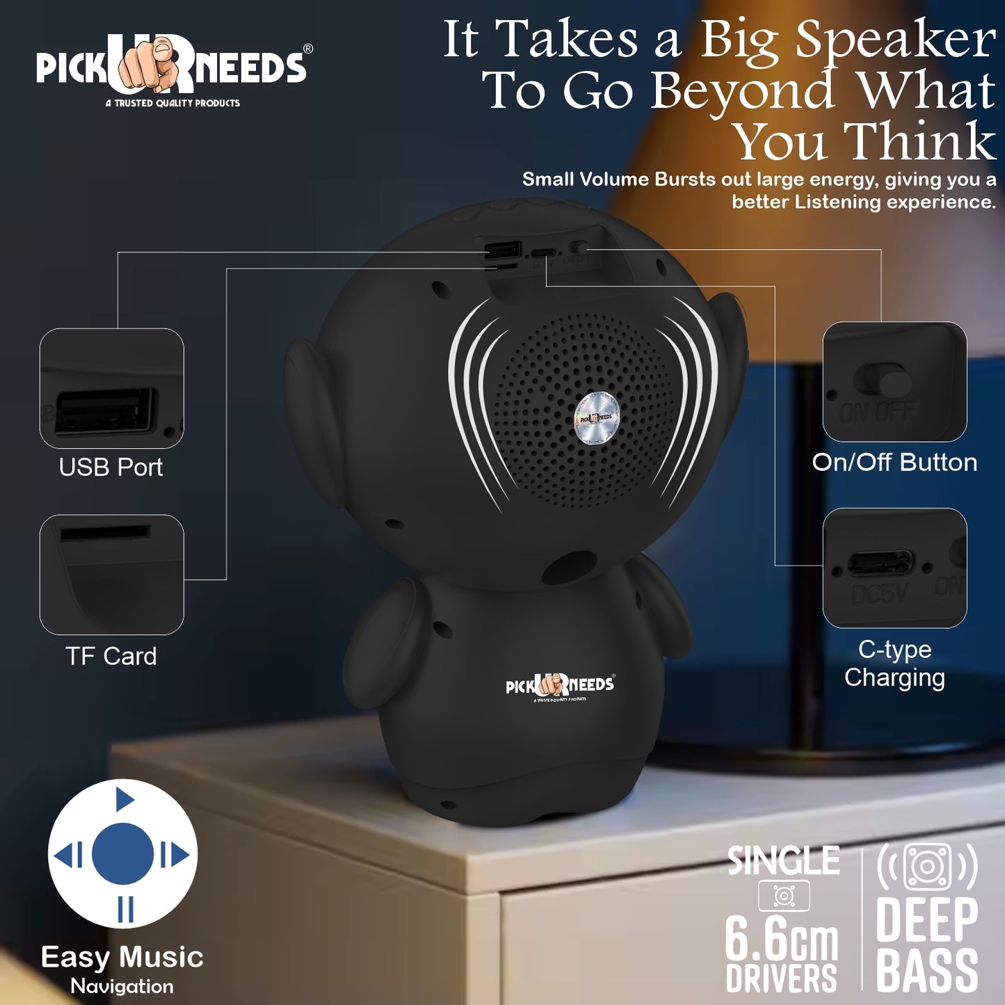 Pick Ur Needs Rechargeable Bluetooth Speaker with 1200mAh Battery β Portable Wireless Audio, FM Radio, USB/TF Card Support, TWS Pairing (White)