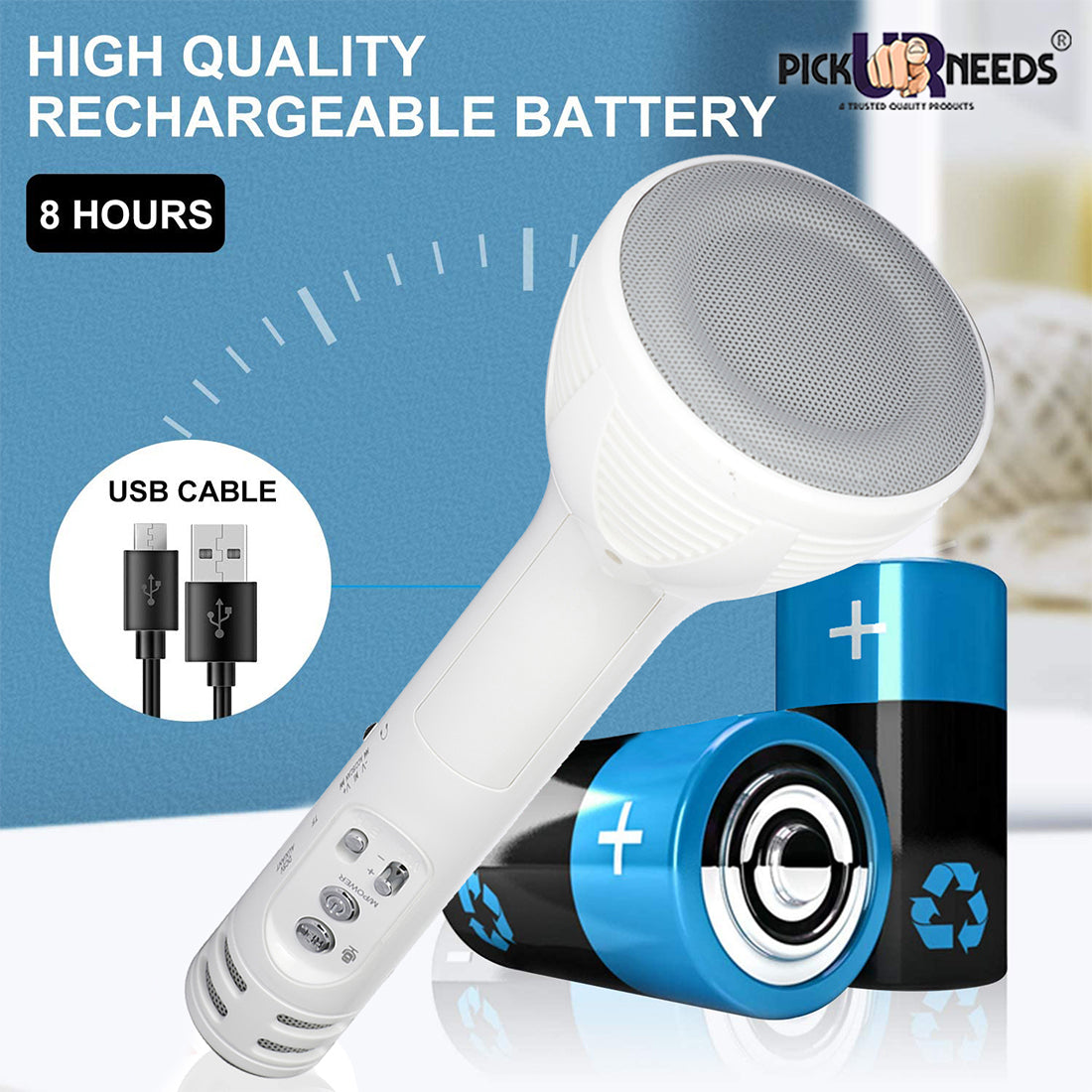 Pick Ur Needs Karaoke Mic with Led Light Wireless Bluetooth Microphone Connection Player Speaker 2-in1 with Recording + USB+FM