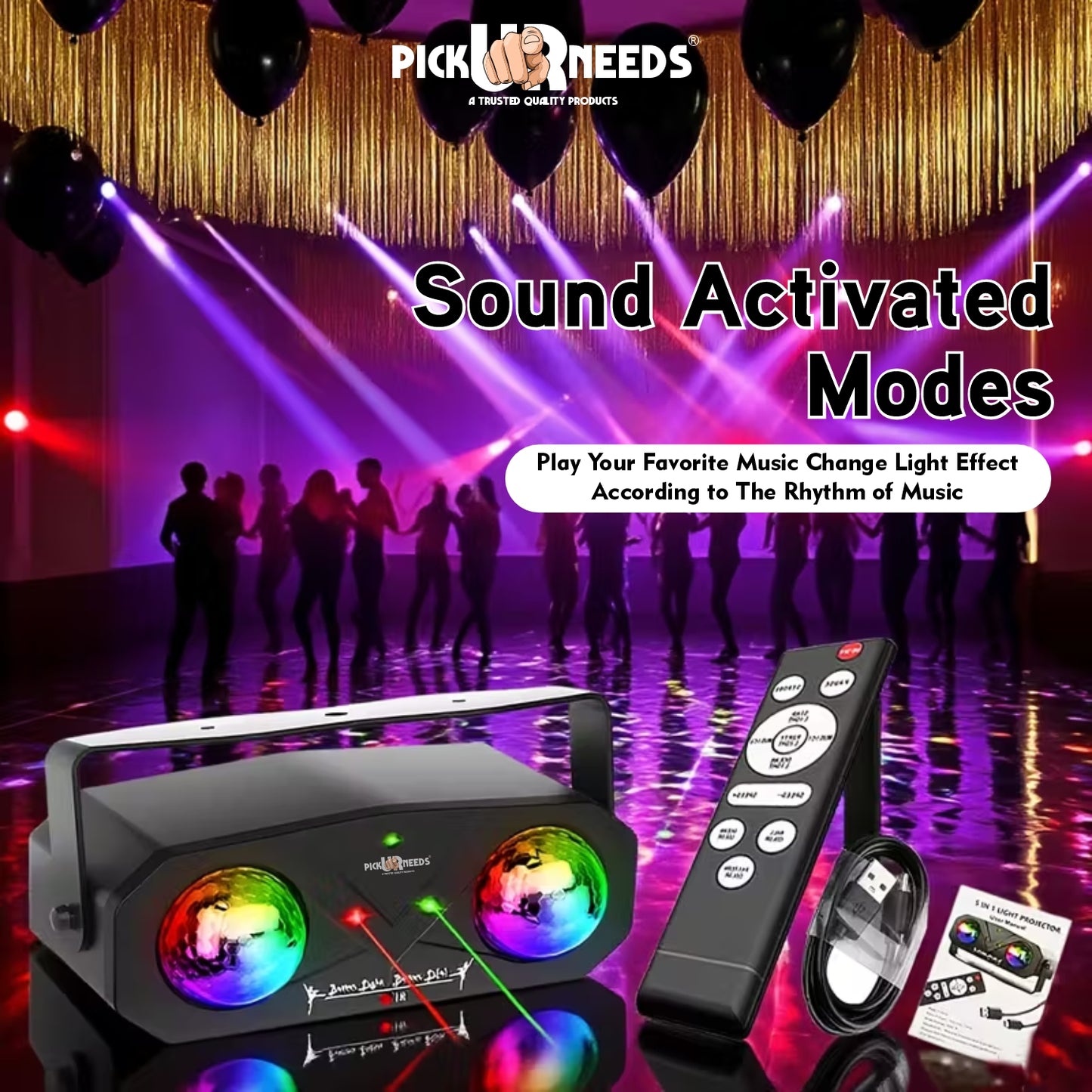 Pick Ur Needs Dual Lens Party Light Projector with Remote β Sound Activated LED Disco Ball Light with RGB Laser & Strobe Effects for Home Party, Club, DJ, Wedding, Stage Lighting β Plug & Play