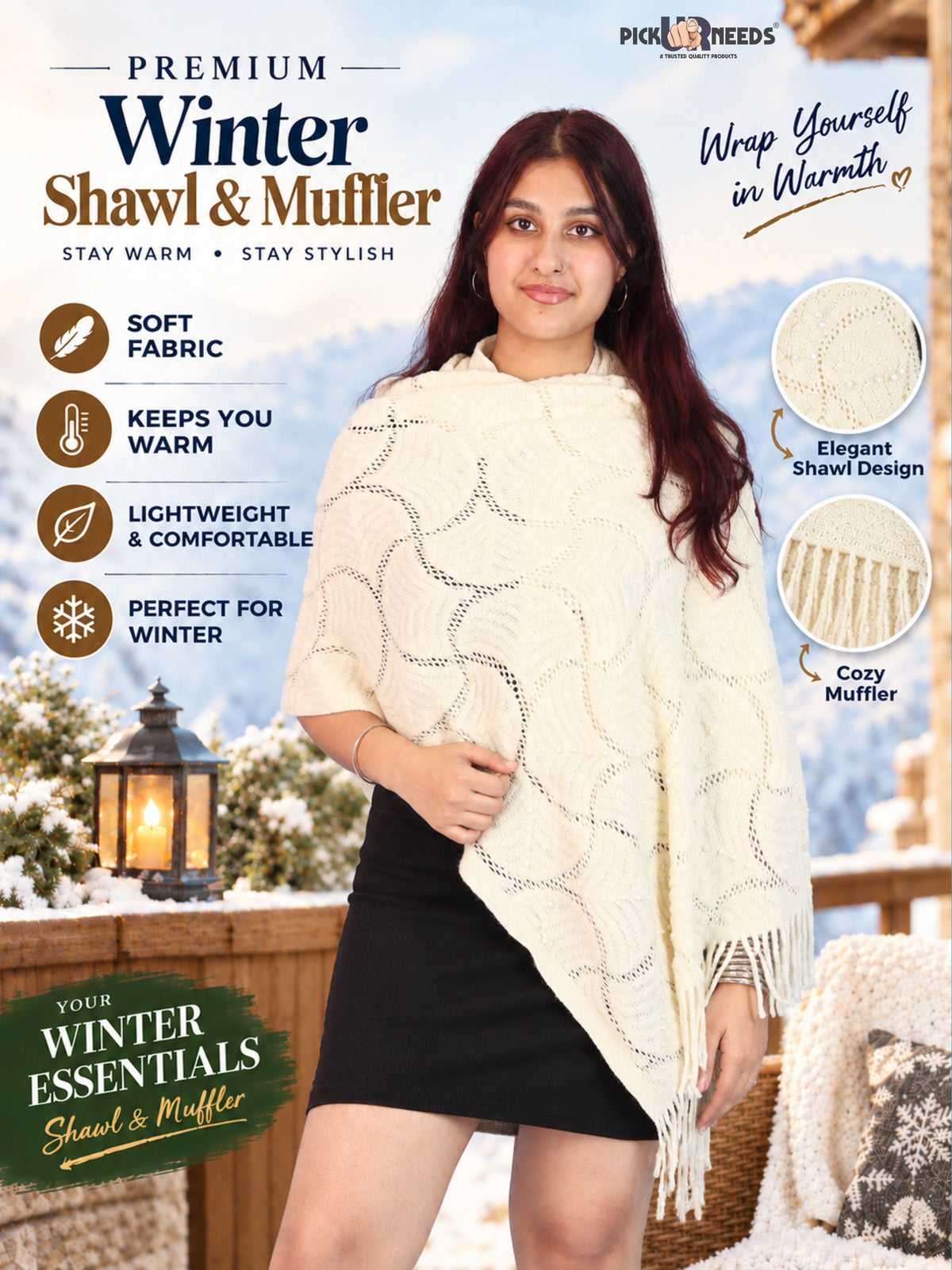 Pick Ur Needs Women & Girls Winter Warm Woolen Shawl Stole with Pearl Work & Fringes – Soft Stylish Wrap
