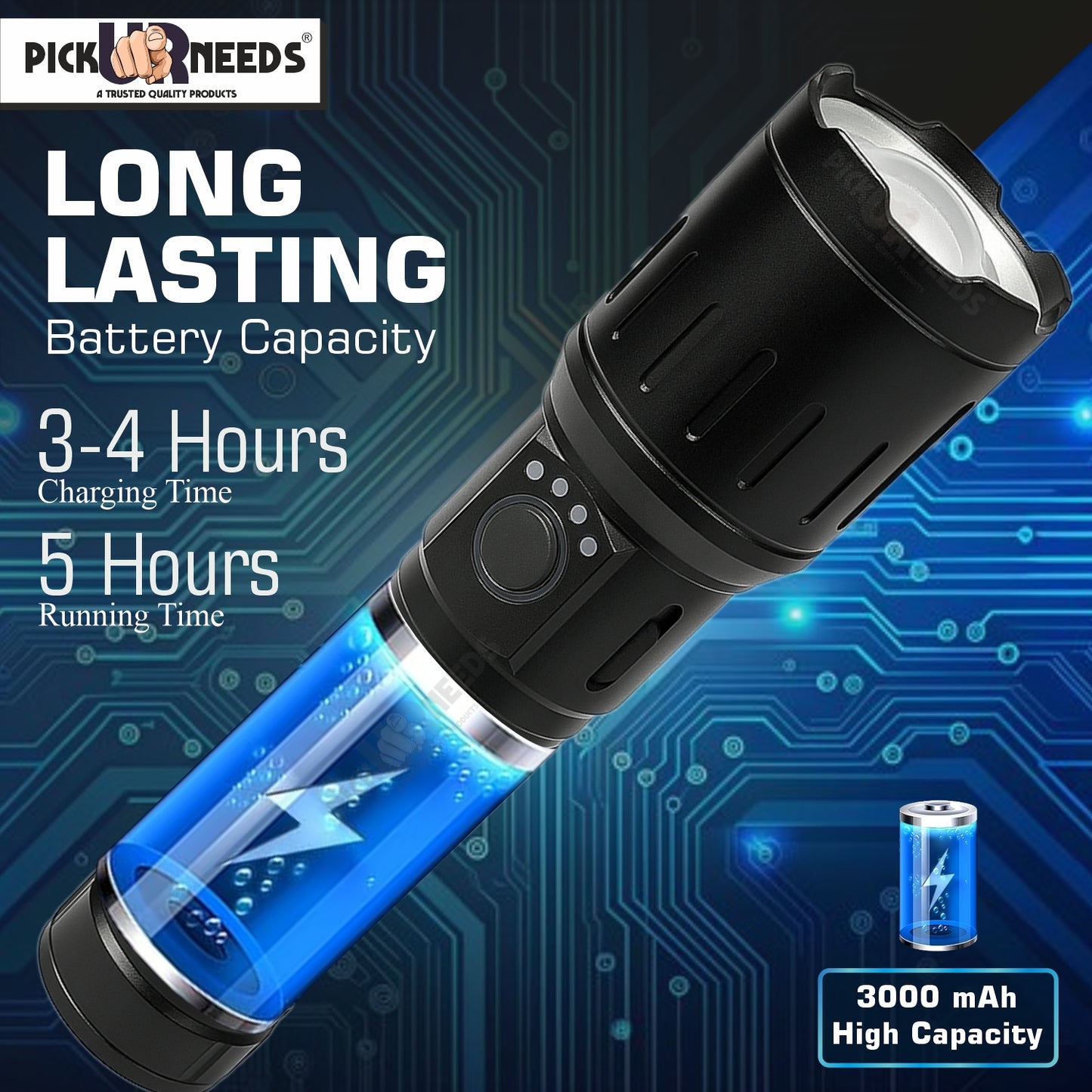 Pick Ur Needs 150W Rechargeable LED Torch. Featuring zoomable focus, 6 lighting modes, and a durable metal body, it's perfect for outdoor use, emergencies, and everyday tasks. Powered by a long-lasting 1800mAh battery.