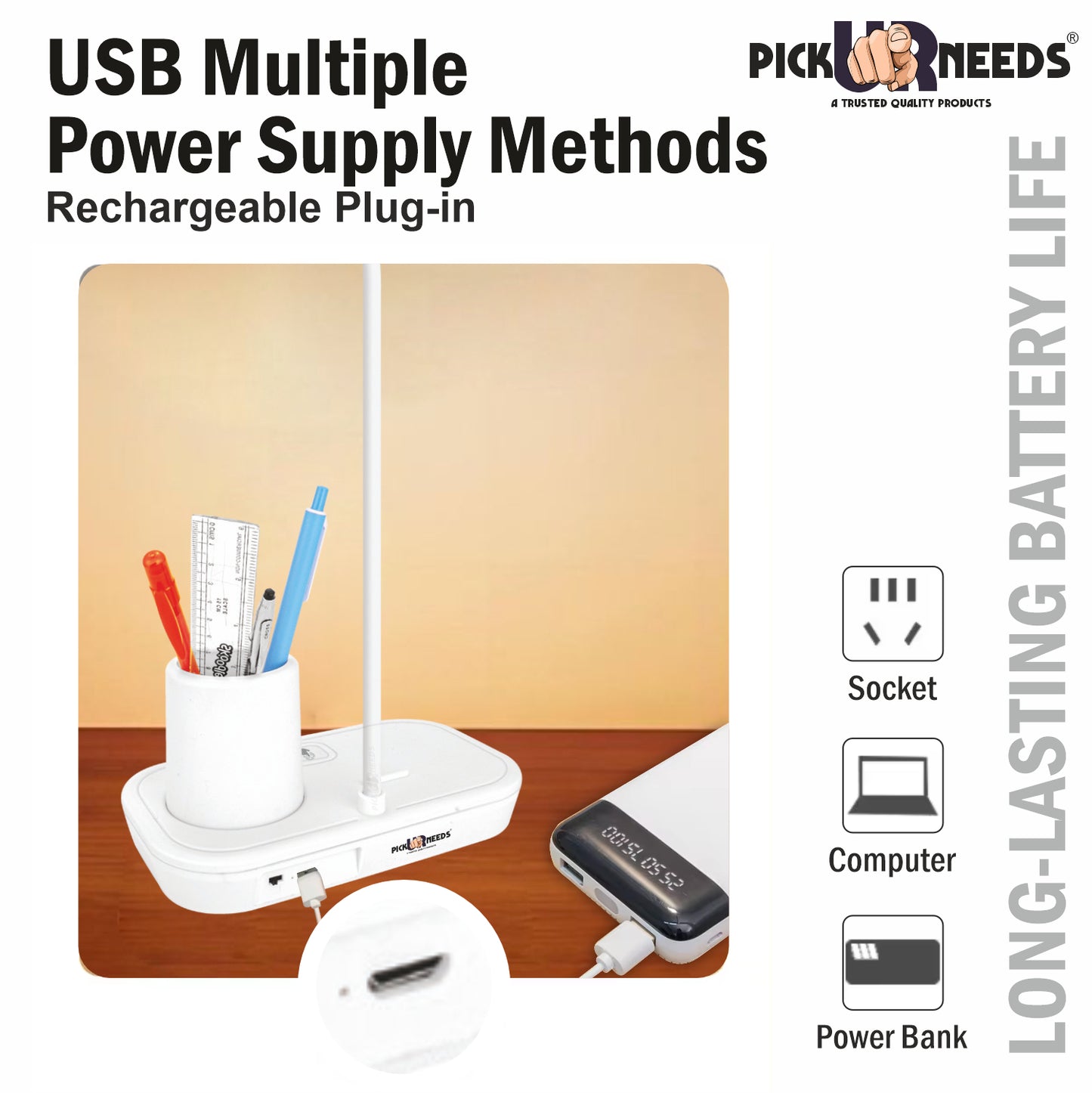 Pick Ur Needs LED Rechargeable Table Study Desk Lamp Reading Light with 3 Mode Dimming with Pen Holder, Phone Stand & USB Power