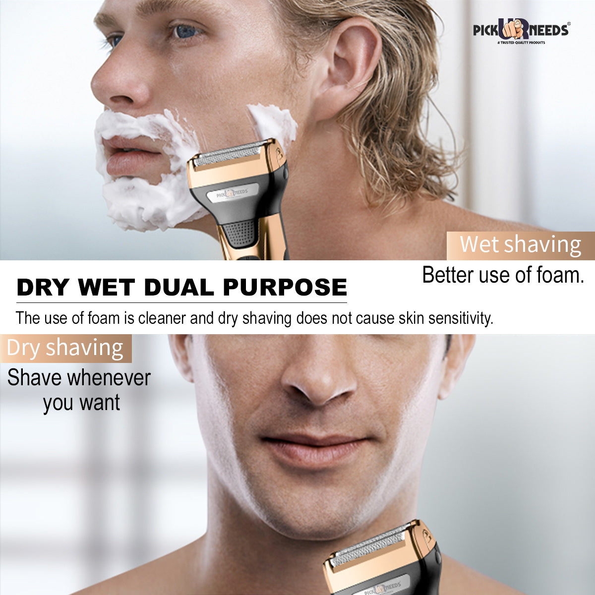 Pick Ur Needs Rechargeable Wireless Electric Shaver Beard Nose Hair Trimmer Shaver For Men (Gold)
