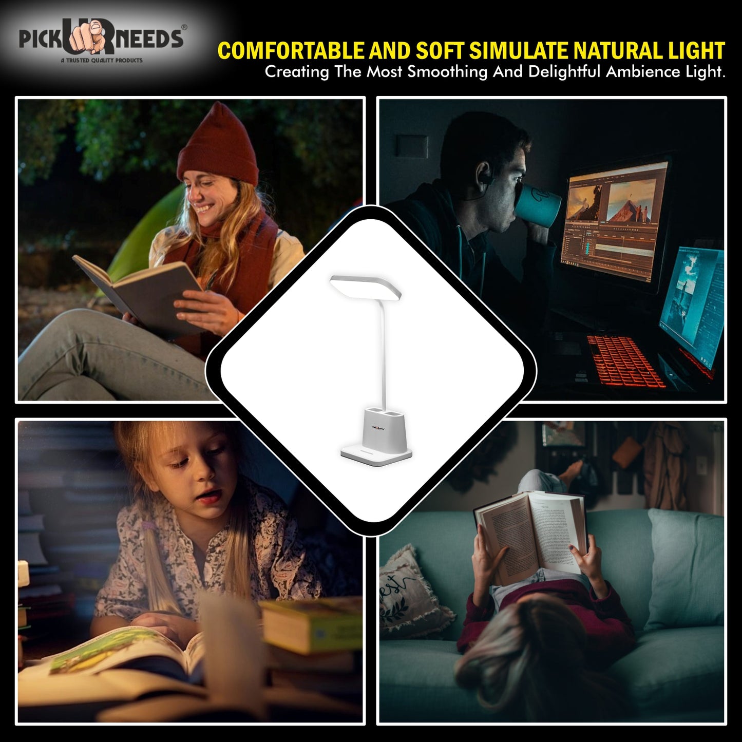 Pick Ur Needs Rechargeable LED Desk Study Table Lamp with Touch Dimmer, 3 Color Modes 6 hrs Lantern Emergency Light