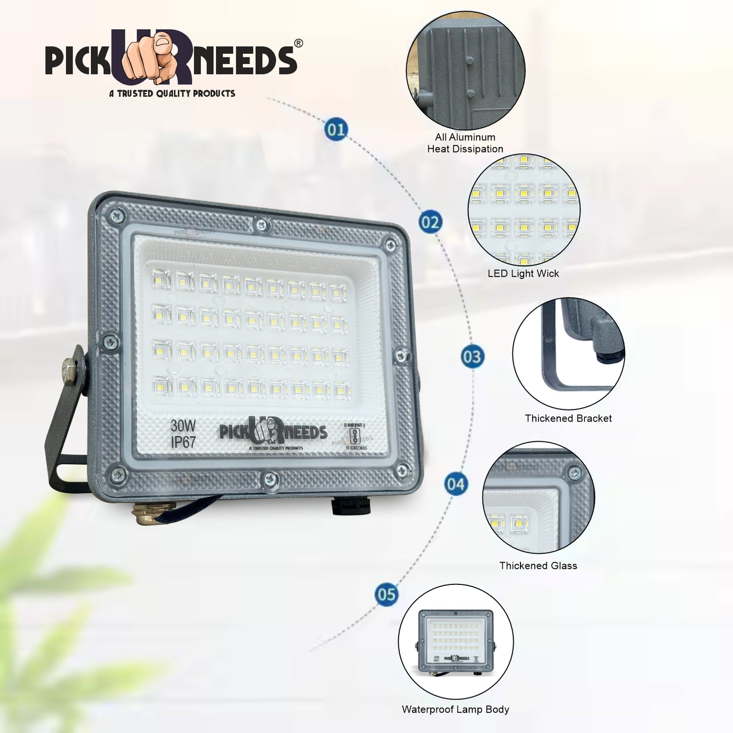 Pick Ur Needs 30W Lens Flood Lamp Outdoor Light With Extension Bracket IP67 Waterproof Light 0 hrs Flood Lamp Emergency Light (White) pack of 2