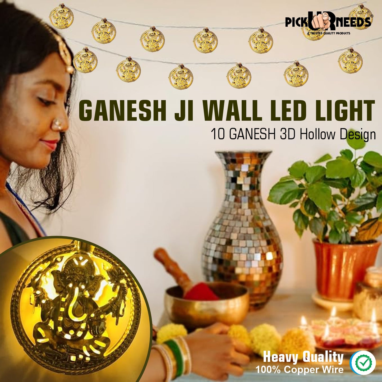 Pick Ur Needs Ganesh Ji Diwali String Metal Hanging Lights, Warm White Round 3D Curtain Lights for Window, Wall, Door, Party, Festival Décor, Home Office Decoration