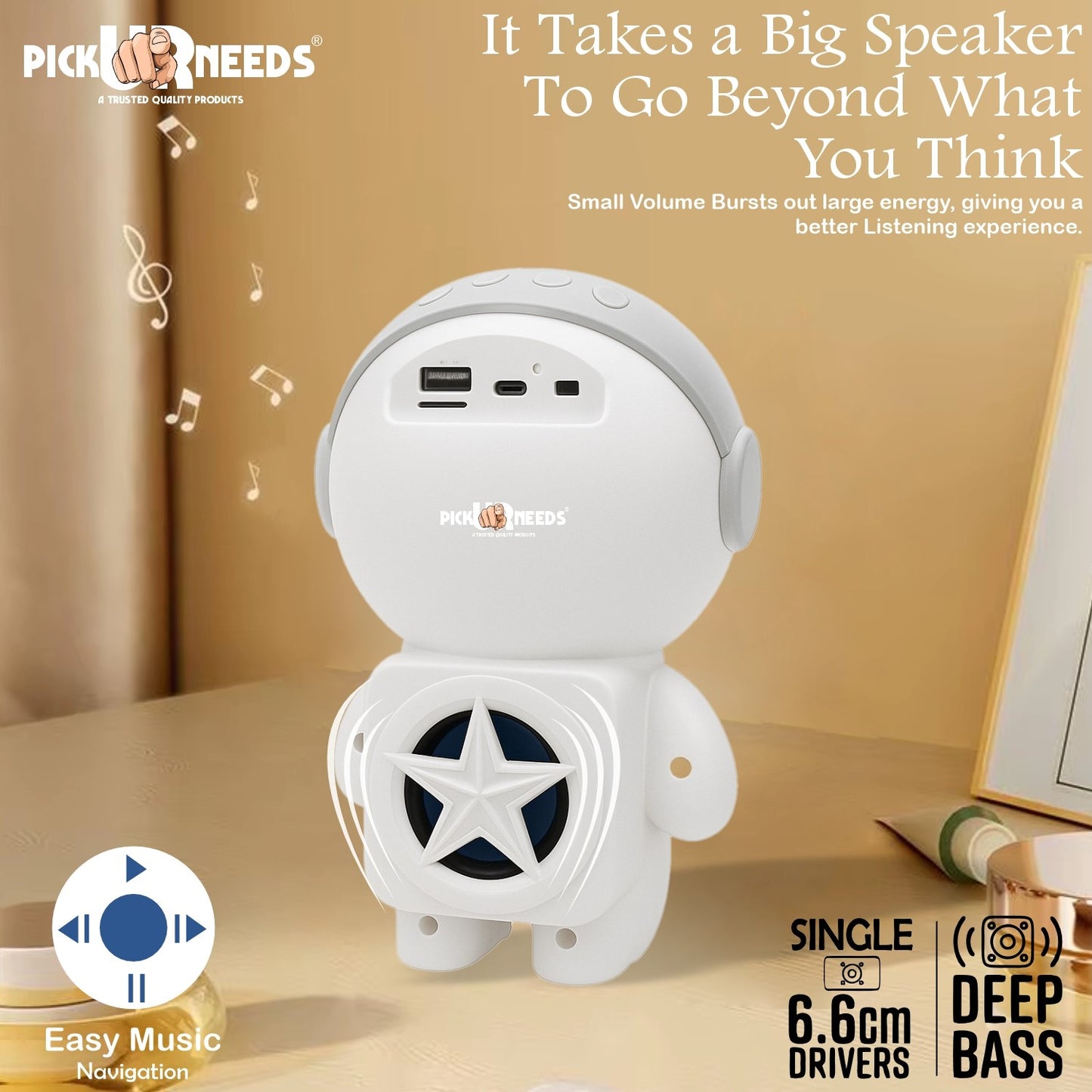 Pick Ur Needs Astronaut Portable Wireless Mini DJ Bluetooth Speaker with Dynamic Thunder Sound, 6.8W HiFi Bass, LED Lights, 1200mAh Battery, USB/TF Card Playback
