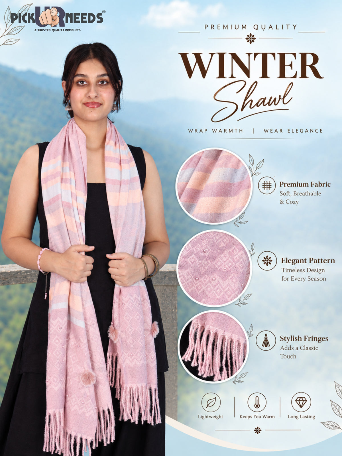 Pick Ur Needs Women Winter Shawl Stole โ Soft Warm Printed Wrap with Decorative Tassels, Stylish Winter Girls Scarf