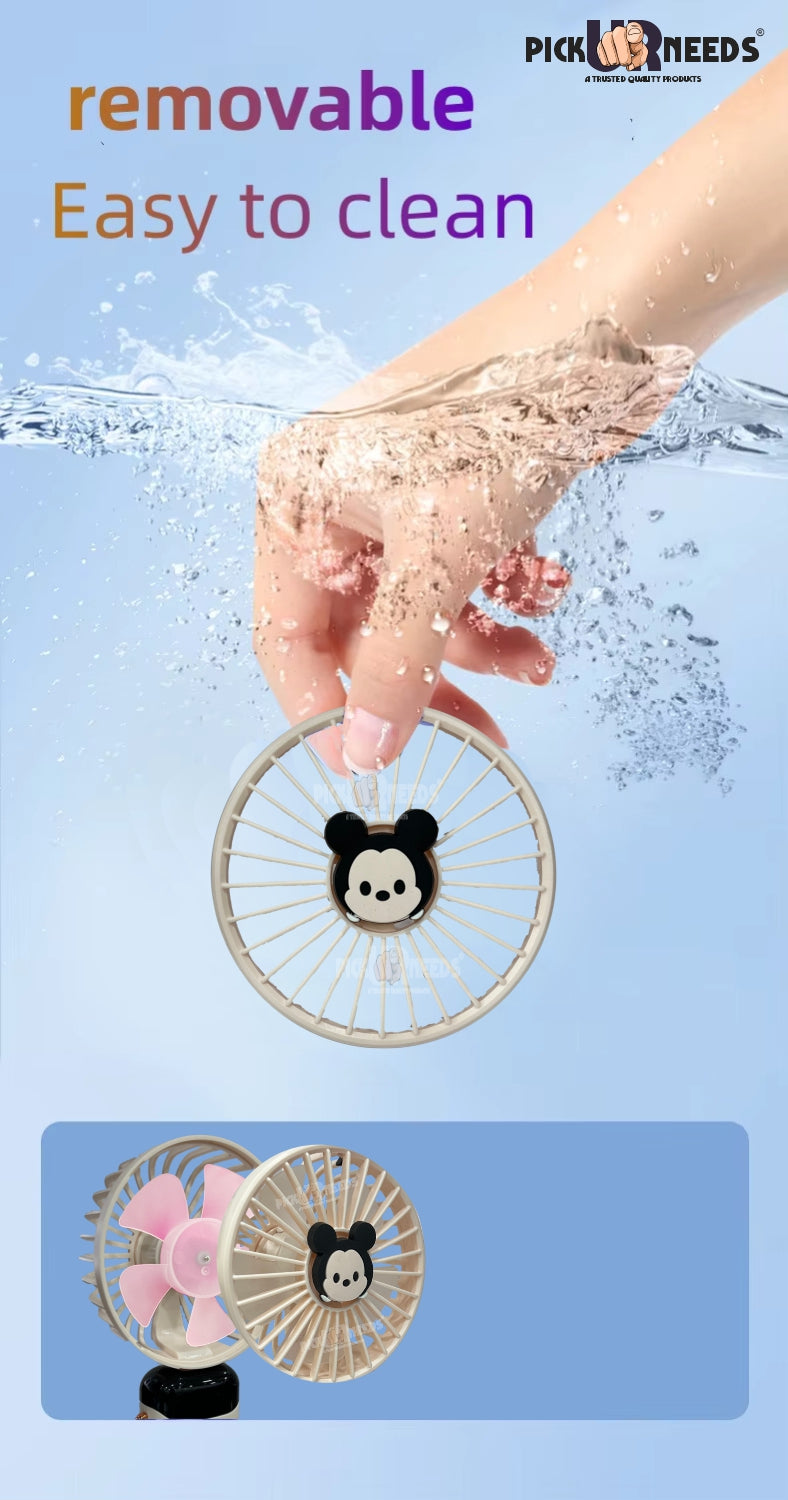 Pick Ur Needs Rechargeable Foldable Mini Handheld Fan Micky Mouse Design 5 Mode Speed LED Display Mini Portable Fan