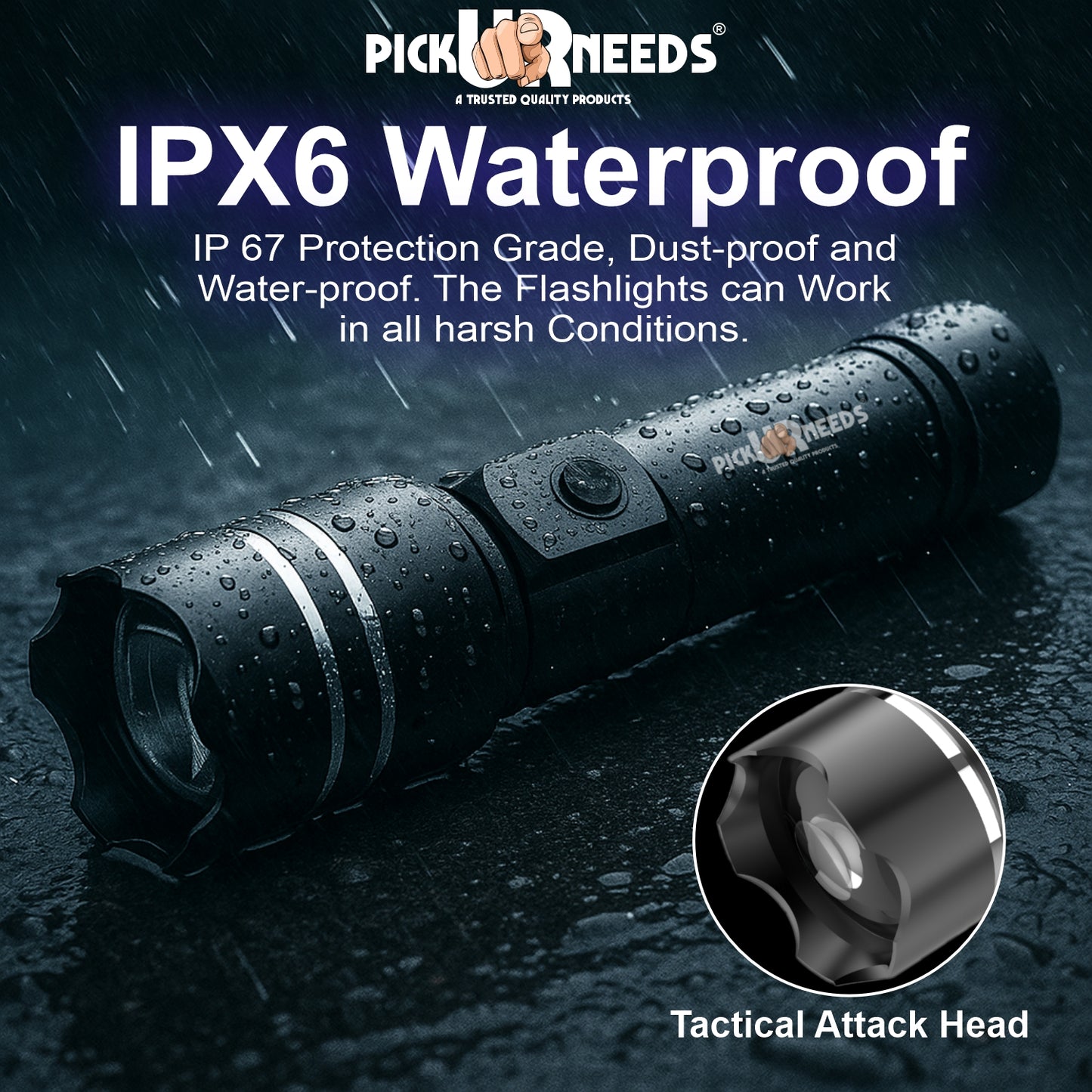 Pick Ur Needs 150W Rechargeable LED Torch offers powerful brightness, zoomable focus, 6 lighting modes, and a durable metal body. With a long-lasting 1800mAh battery, it's perfect for camping, emergencies, and everyday use.
