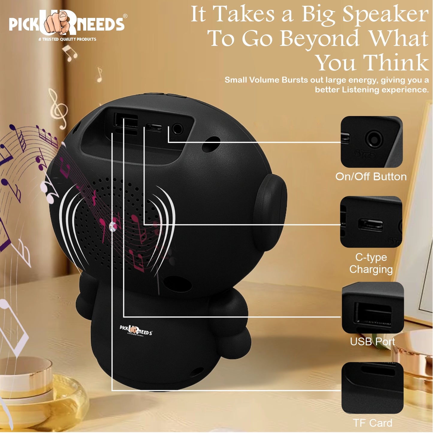 Pick Ur Needs Rechargeable Wireless Mini DJ Bluetooth Speaker HiFi Bass, LED Lights, 800mAh Battery, USB/TF Card/TWS Playback