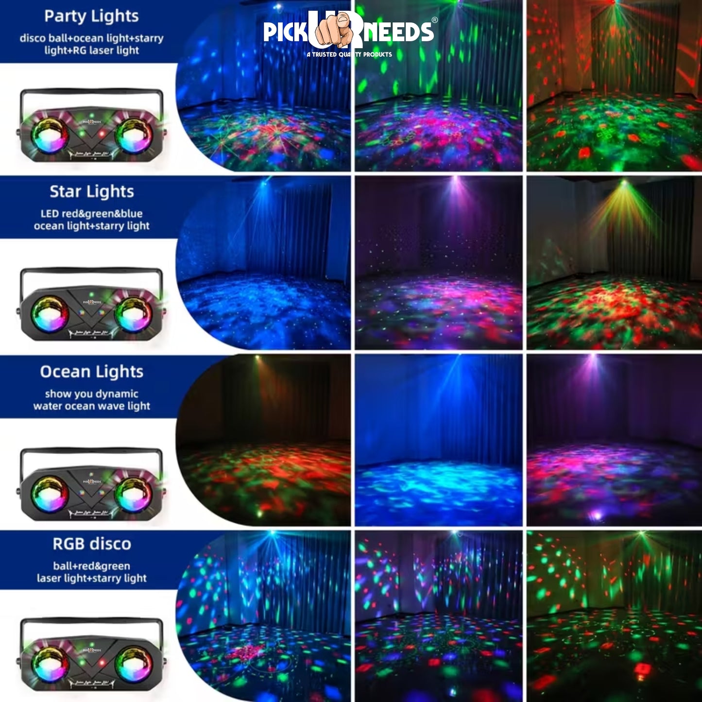 Pick Ur Needs Dual Lens Party Light Projector with Remote β Sound Activated LED Disco Ball Light with RGB Laser & Strobe Effects for Home Party, Club, DJ, Wedding, Stage Lighting β Plug & Play